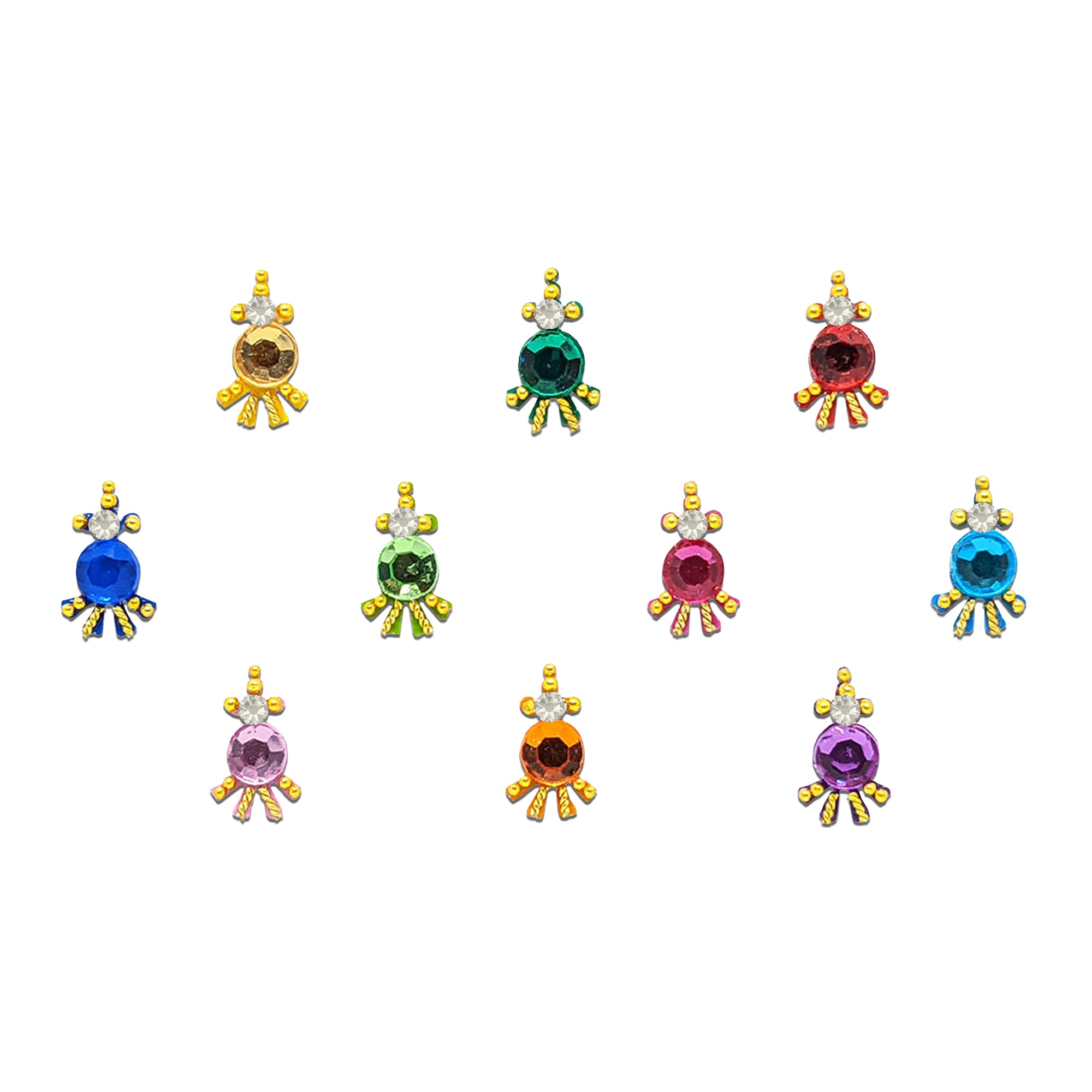 Comet Busters multicolor designer bindis featuring colorful enamel patterns with crystal stones, gold bead accents, and artistic abstract design for festive and traditional ethnic wear.