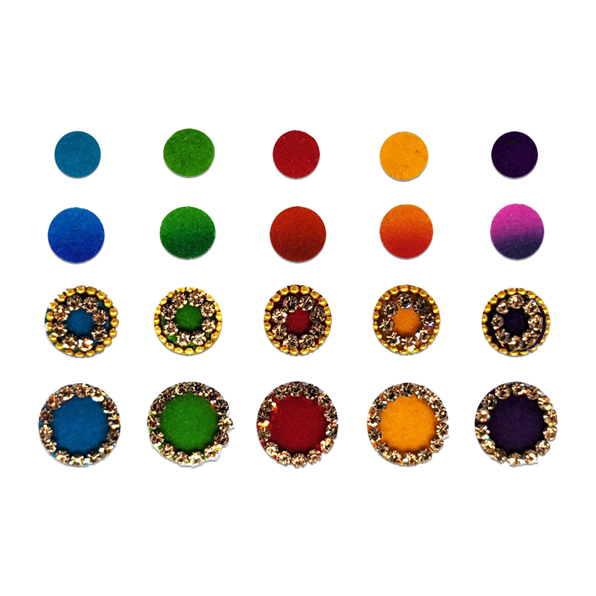 Comet Busters multicolor velvet round bindis with sparkling stone border in blue, green, red, yellow, and purple shades for festive and traditional forehead styling.