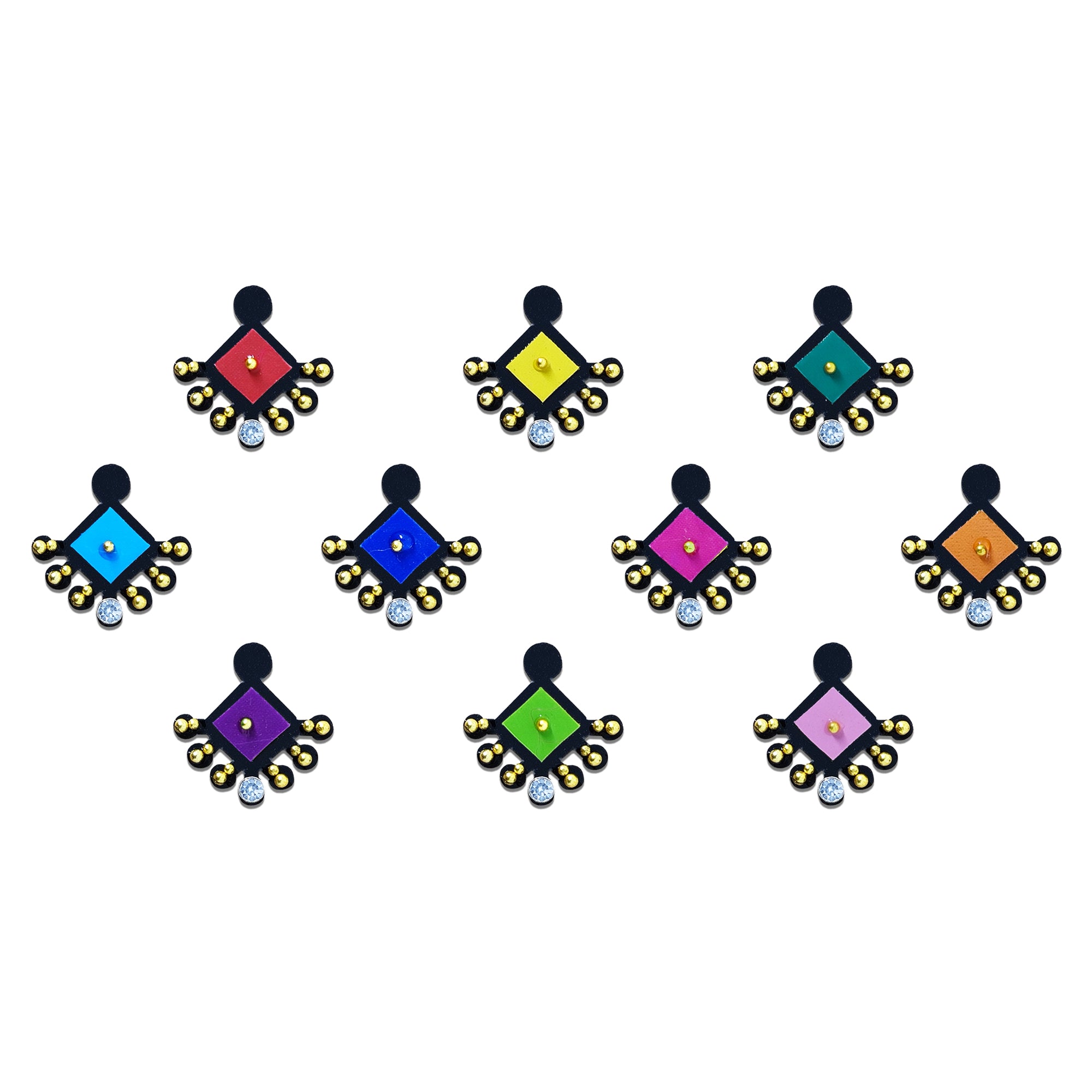 Comet Busters colorful diamond-shaped bindis featuring gold bead embellishments, central stud detailing and sparkling crystal drops in red, yellow, green, blue, pink, orange and purple shades, ideal for weddings, festivals, cultural events and party wear.