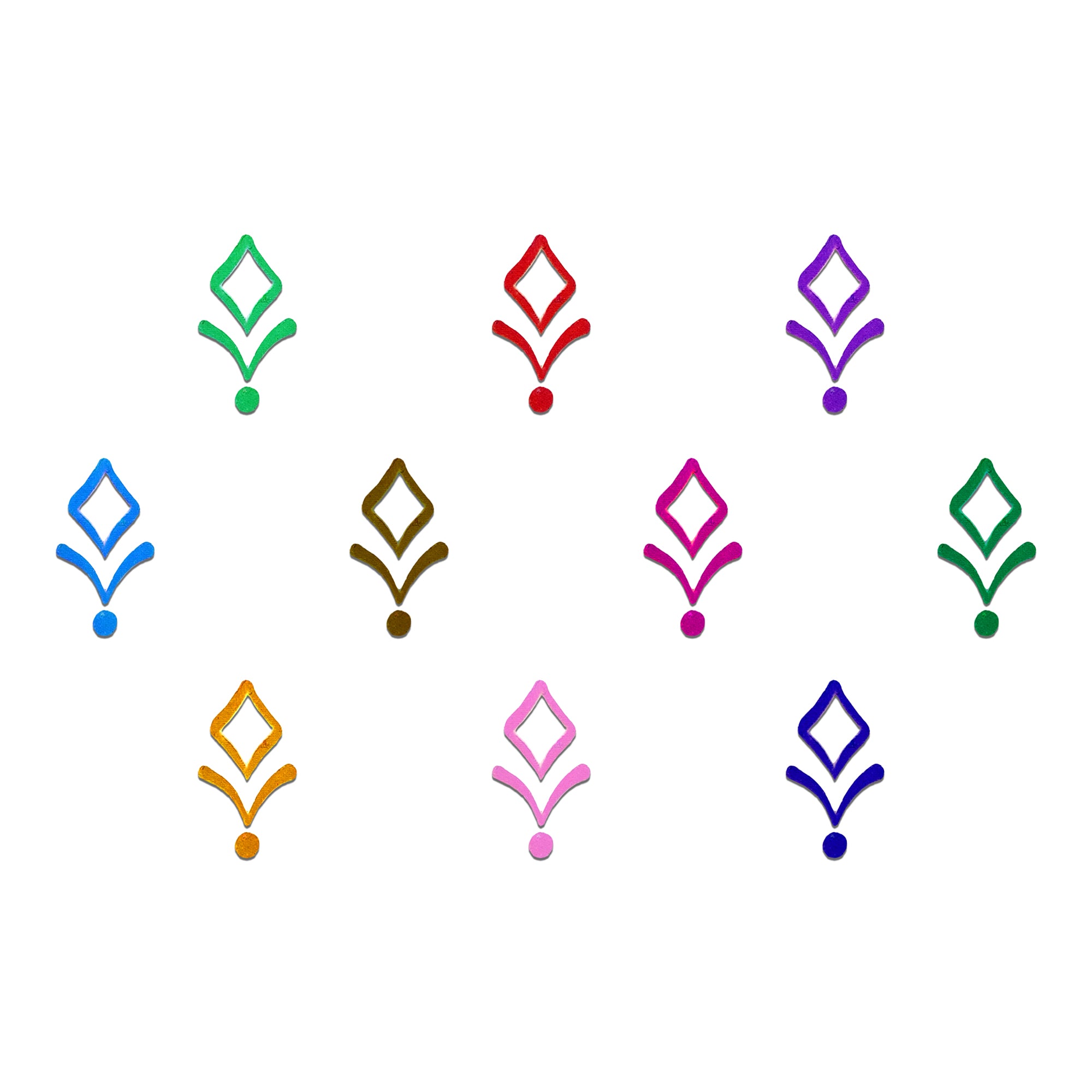 Comet Busters Multicolor Diamond Outline Velvet Bindi featuring a minimalist open diamond motif with elegant curved accents and a matching round dot in vibrant shades of green, red, purple, blue, brown, magenta, orange, pink, and royal blue. Soft velvet finish, self-adhesive, lightweight, and comfortable for women and girls. Perfect for daily wear, office wear, festivals, pooja, traditional ceremonies, and ethnic outfits.