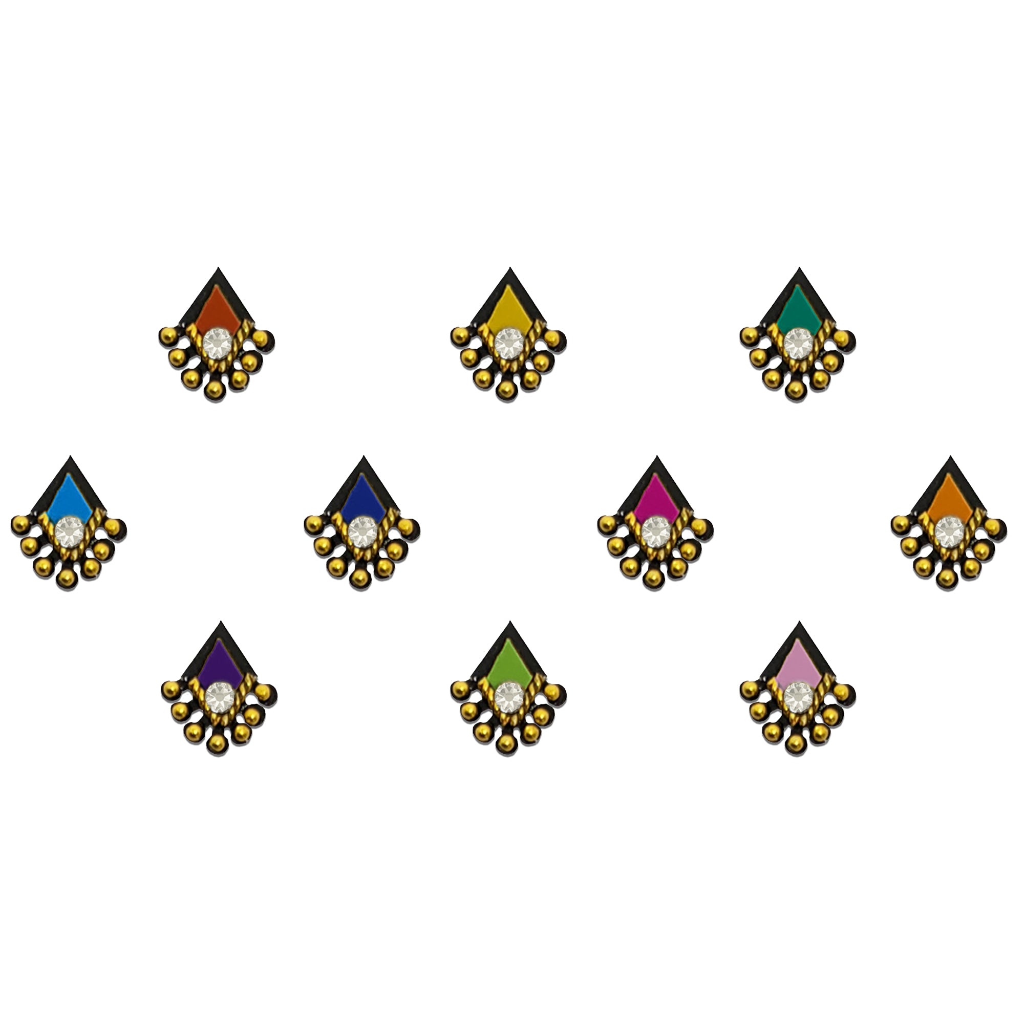 Comet Busters premium multicolor diamond designer bindis with crystal stone and gold bead detailing, elegant peel and stick fancy bindis for saree, lehenga, bridal, festive and traditional ethnic fashion looks.
