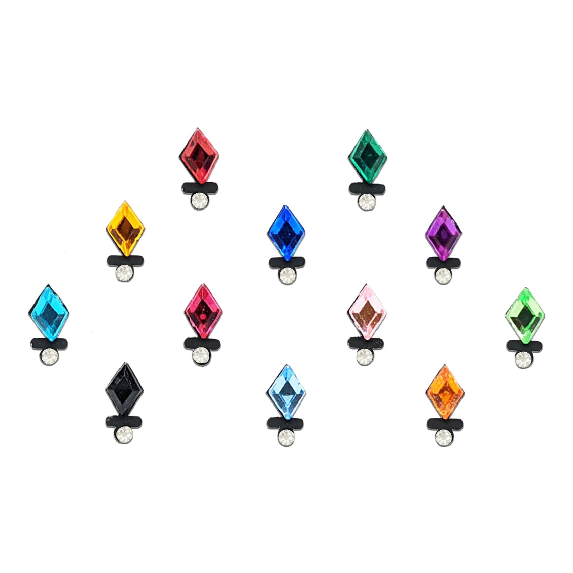 Comet Busters multicolor diamond stone bindis featuring colorful rhombus-shaped crystal stones with black base detailing and hanging white crystal accents for festive and traditional ethnic wear.