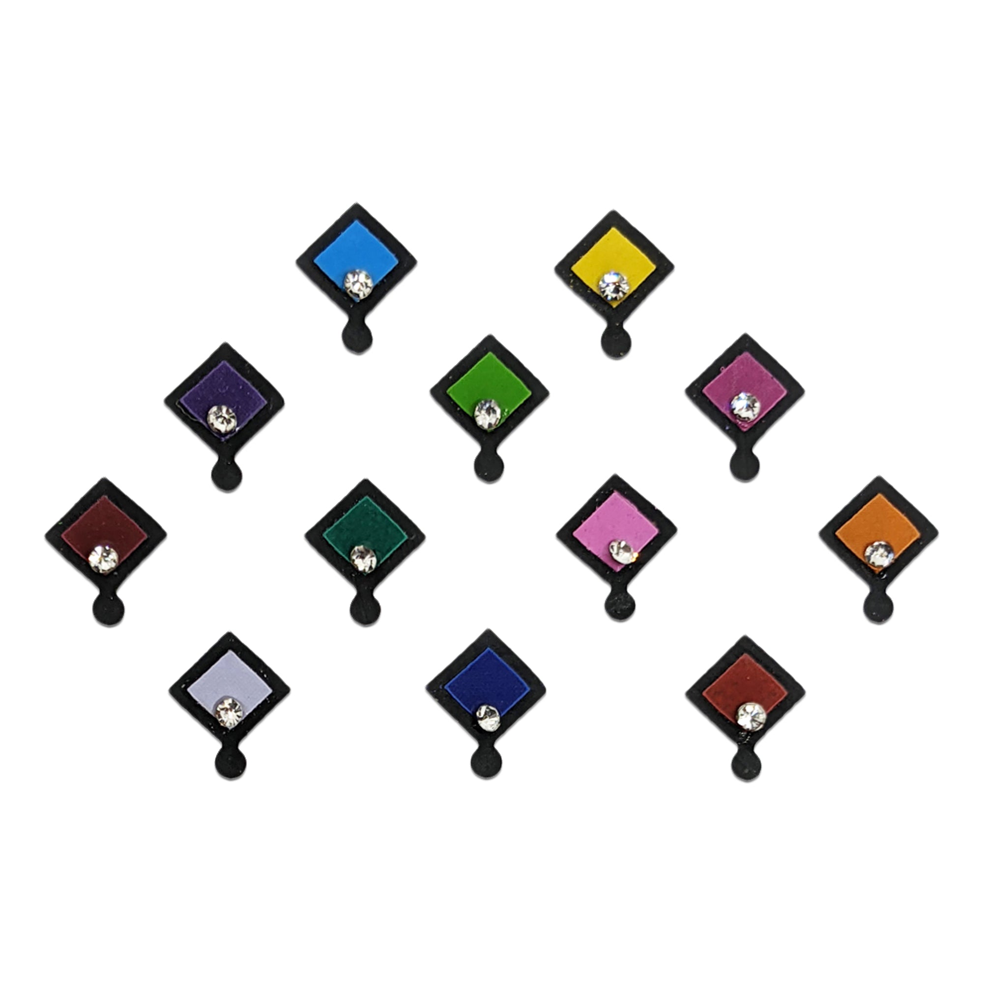 Comet Busters premium multicolor diamond designer bindis with crystal stone detailing, stylish peel and stick fancy bindis for saree, lehenga, bridal, festive and traditional ethnic fashion looks.