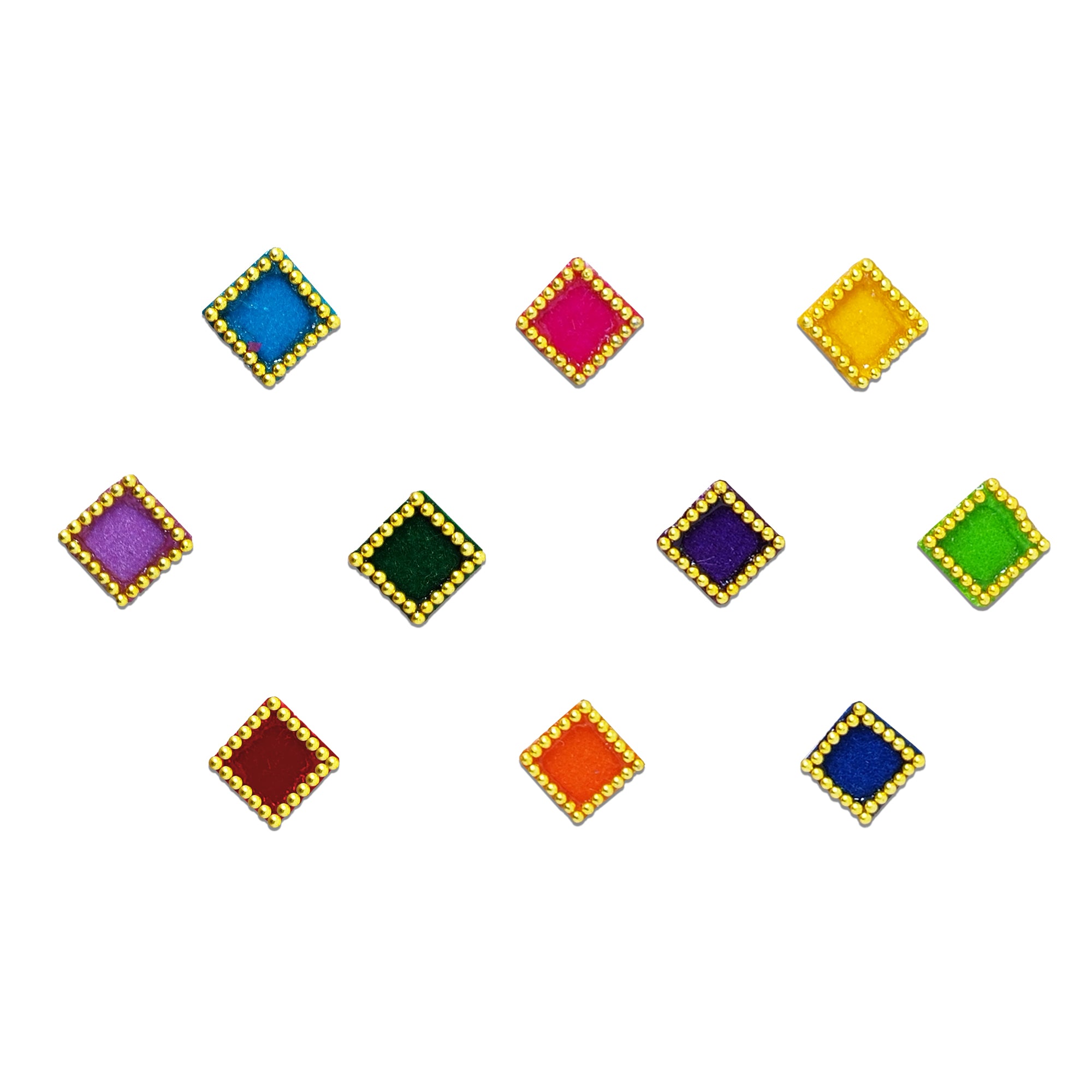 Comet Busters Multicolor Diamond Velvet Beaded Bindi featuring elegant diamond-shaped velvet bindis with decorative gold micro-beaded borders in vibrant shades of sky blue, hot pink, yellow, lavender, dark green, purple, lime green, maroon, orange, and royal blue. Soft, self-adhesive, lightweight, and comfortable for women and girls. Perfect for daily wear, weddings, festivals, pooja, office wear, traditional ceremonies, and ethnic outfits.