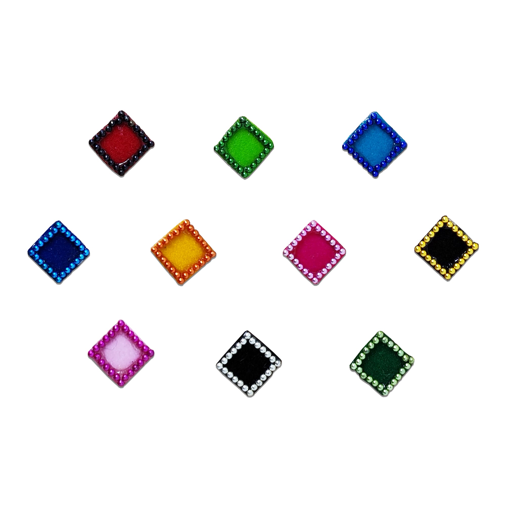 Comet Busters Multicolor Diamond Velvet Designer Bindi featuring diamond-shaped velvet bindis with decorative metallic bead borders in vibrant colors including red, green, blue, yellow, pink, black, navy, and purple. Self-adhesive forehead bindis for women and girls, perfect for weddings, festivals, Navratri, Garba, temple visits, cultural events, dance performances, and traditional or Indo-western outfits.