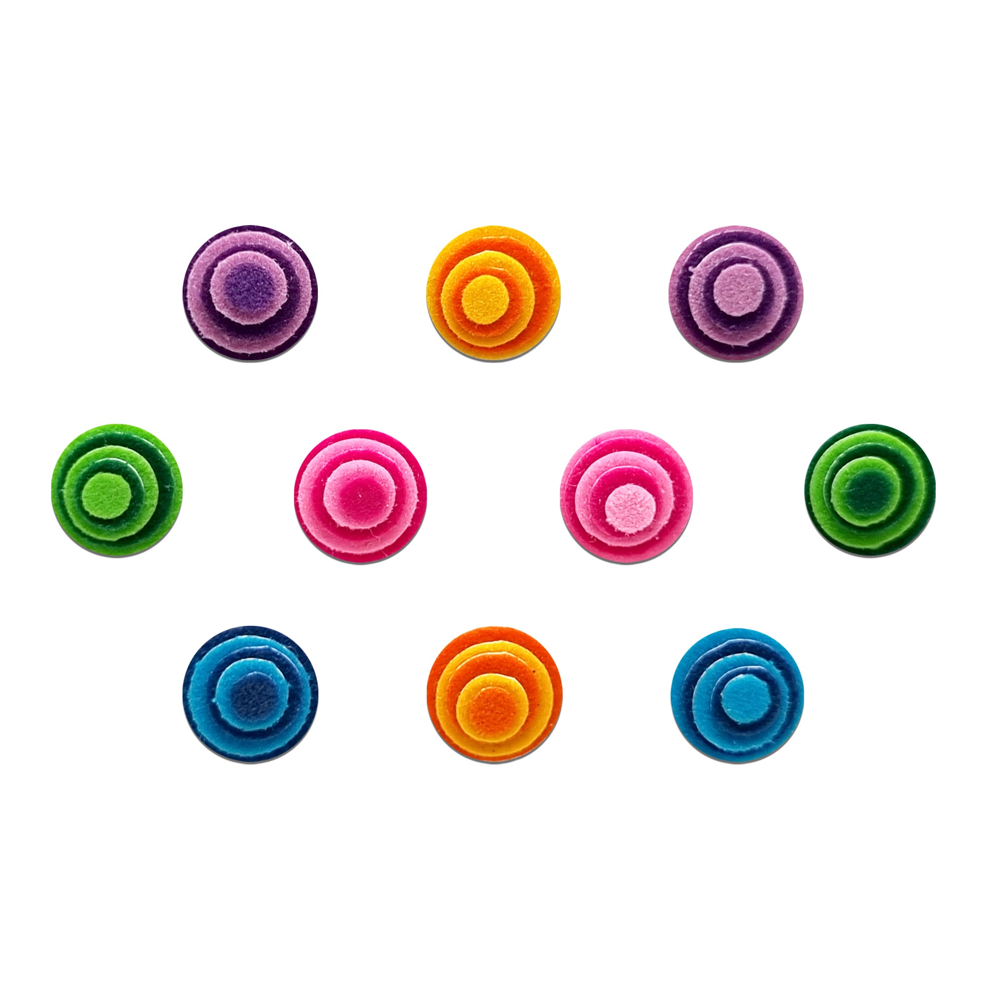 Comet Busters pink velvet concentric circle bindi, designer round forehead sticker for women, colorful ethnic bindi for festivals, weddings, Navratri, Bharatanatyam, classical dance, and traditional Indian attire.