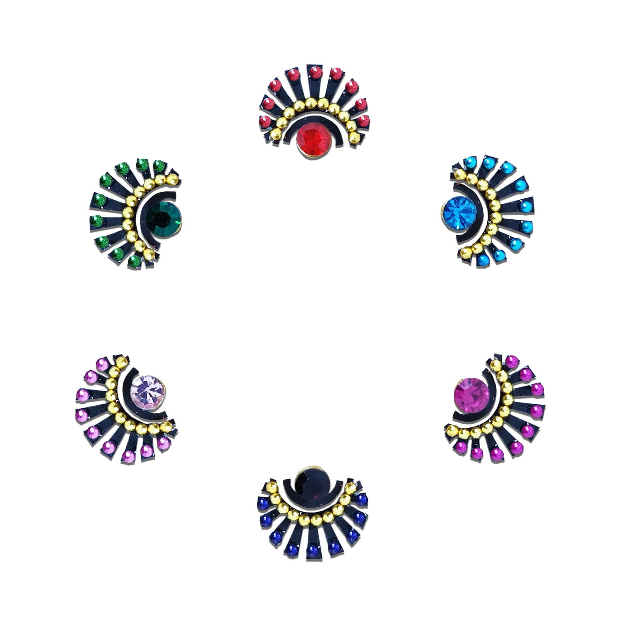 Comet Busters multicolor fanburst designer bindi sheet featuring 6 reusable self-adhesive bindis with radiant fan-shaped detailing, sparkling crystal center stones, gold bead accents, and vibrant colors including red, blue, green, purple, pink, and black. Elegant ethnic bindis ideal for weddings, festivals, Navratri, Diwali, parties, and traditional Indian wear.