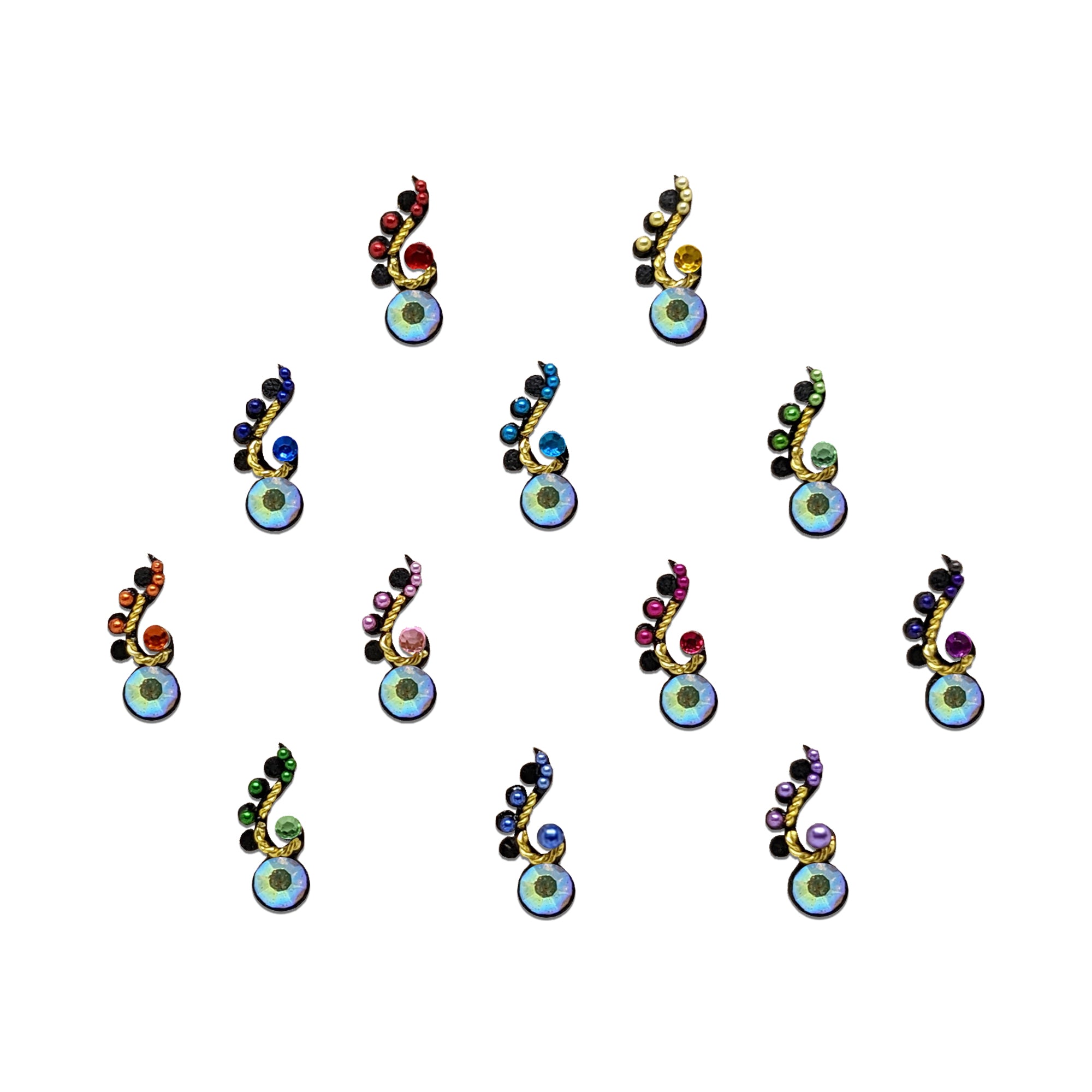 Comet Busters multicolor swirl stone bindis with colorful crystals and iridescent accents.