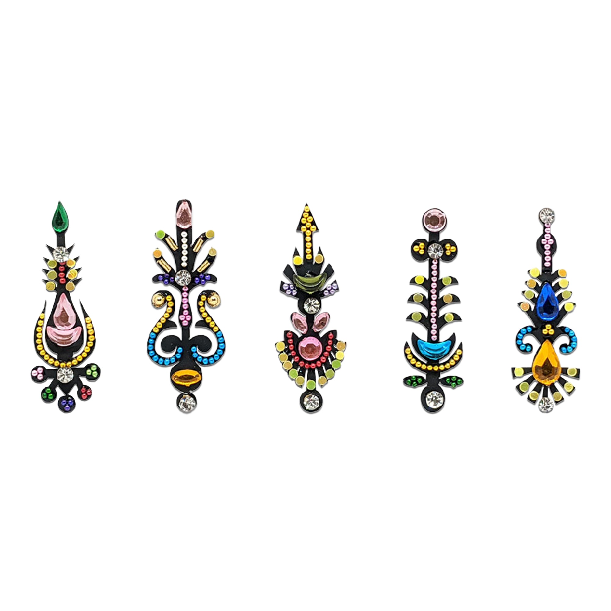 Comet Busters multicolor fancy designer bindis featuring intricate black ornamental patterns with colorful stones, crystal accents, teardrop shapes, floral motifs, and decorative ethnic detailing for festive and traditional wear.