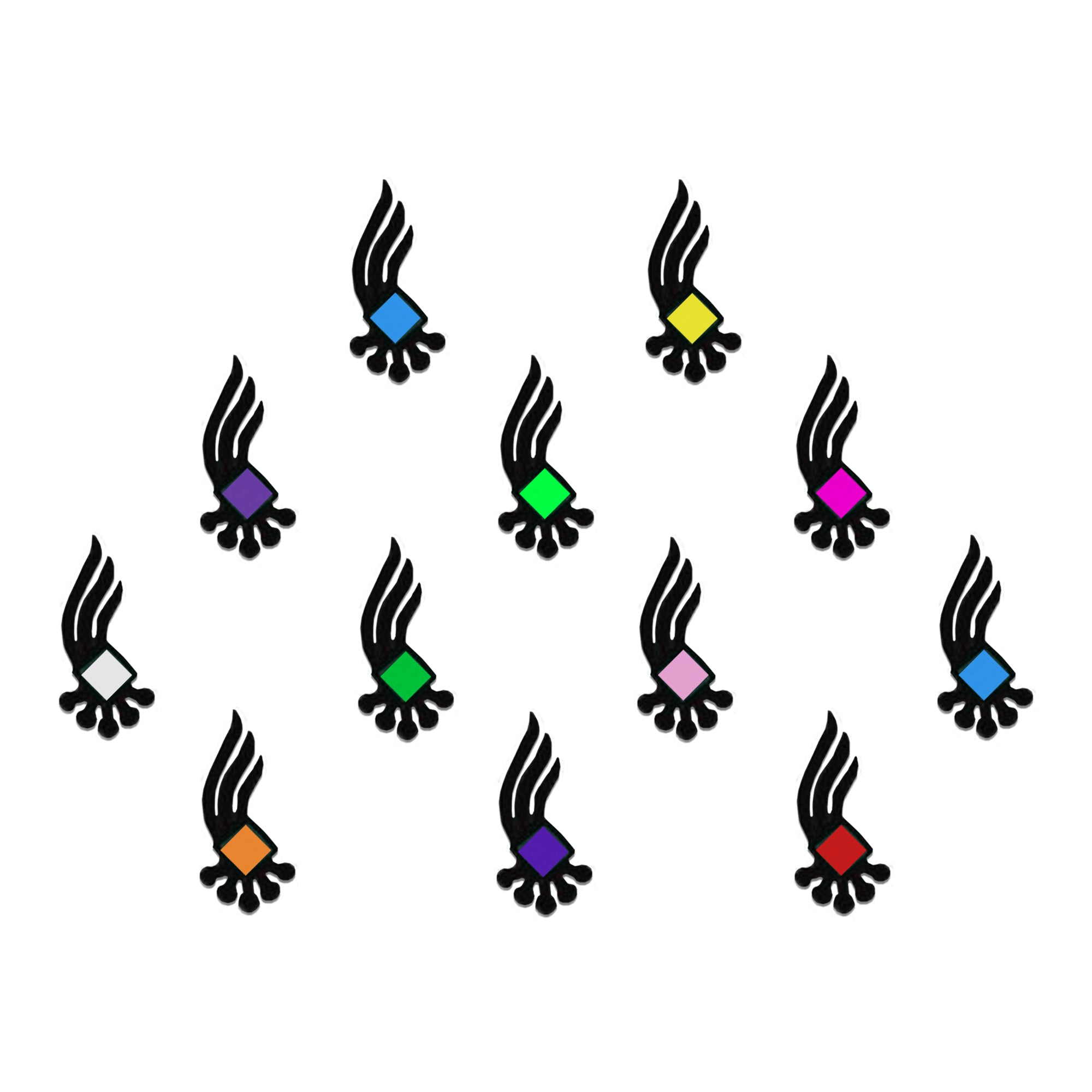 Comet Busters abstract feather designer bindi set featuring elegant black feather-inspired motifs with colorful diamond-shaped centers. Self-adhesive designer bindis for women and girls, perfect for festivals, weddings, cultural events, dance performances, Indo-western outfits, parties, and everyday ethnic styling.
