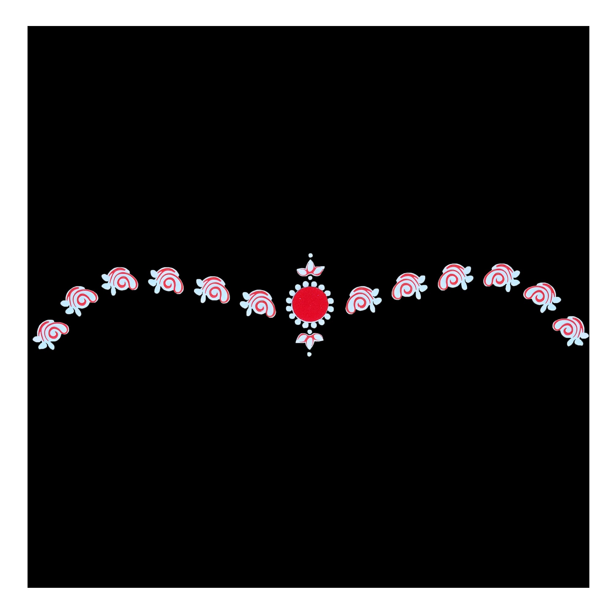 Comet Busters floral arch bindi featuring curved floral motifs with a red center dot 
