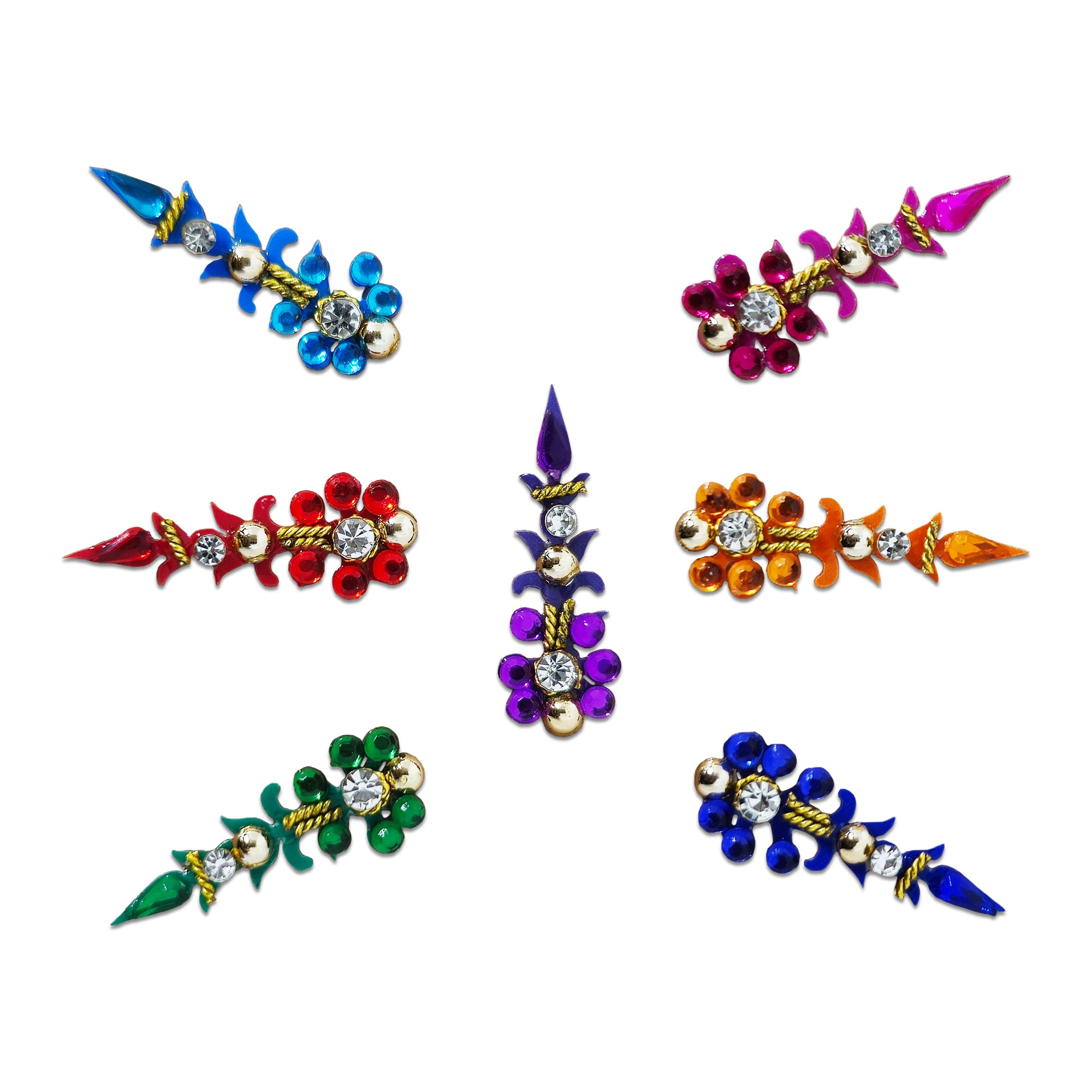 Comet Busters Multicolor Floral Arrow Designer Bindi featuring an elegant arrow-inspired design with sparkling crystal rhinestones, floral stone clusters, gold-tone accents, pearl embellishments, and vibrant shades of blue, pink, red, orange, green, purple, and royal blue. Self-adhesive designer bindi for women and girls, perfect for weddings, festivals, Navratri, Diwali, parties, dance performances, and traditional ethnic wear.