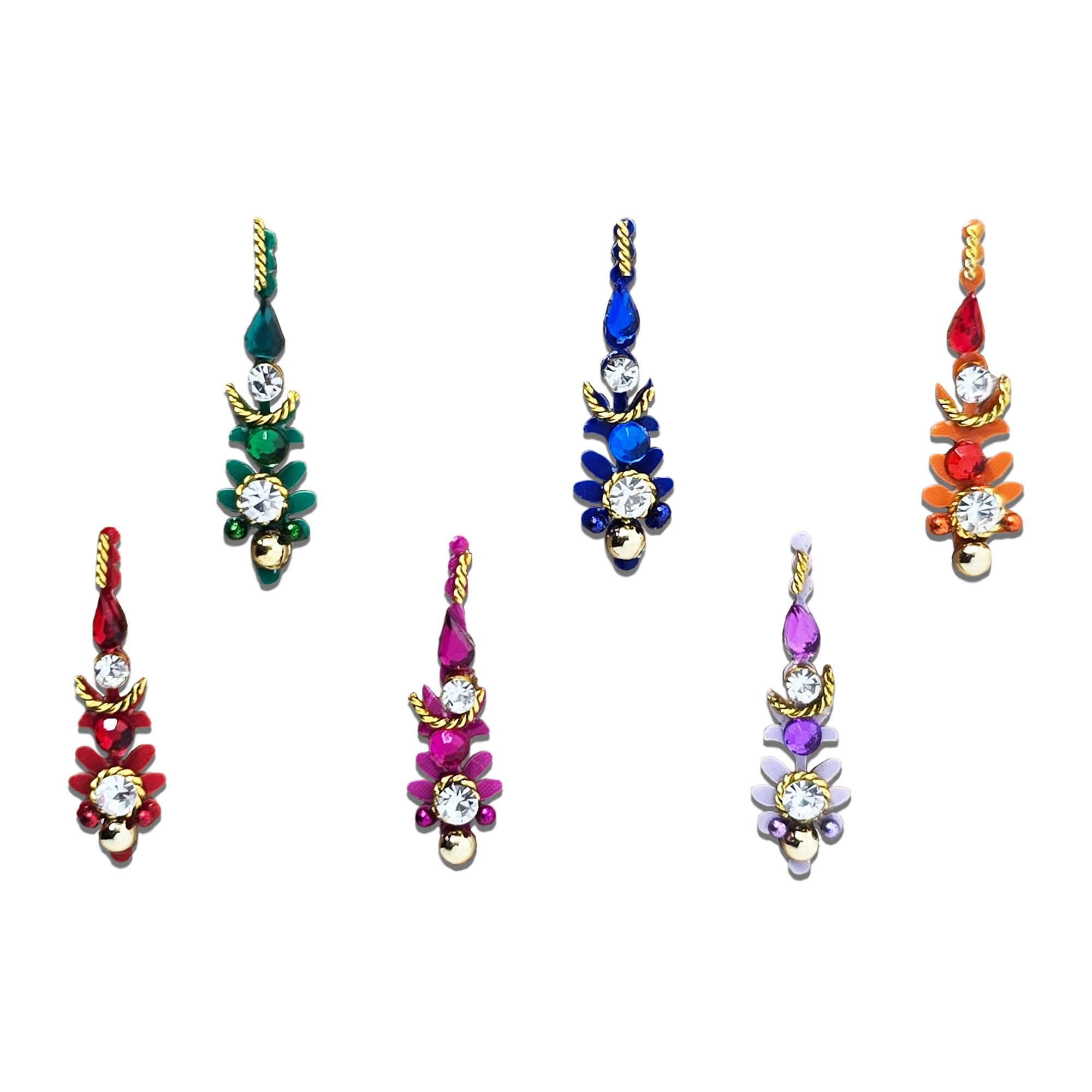 Comet Busters Multicolor Floral Crystal Drop Designer Bindi set featuring elegant bindis in green, blue, red, orange, pink, and lavender with teardrop accents, floral enamel petals, gold detailing, and sparkling crystal stones. Premium self-adhesive reusable bindis for women and girls, perfect for weddings, festivals, parties, bridal wear, classical dance, and traditional ethnic styling.
