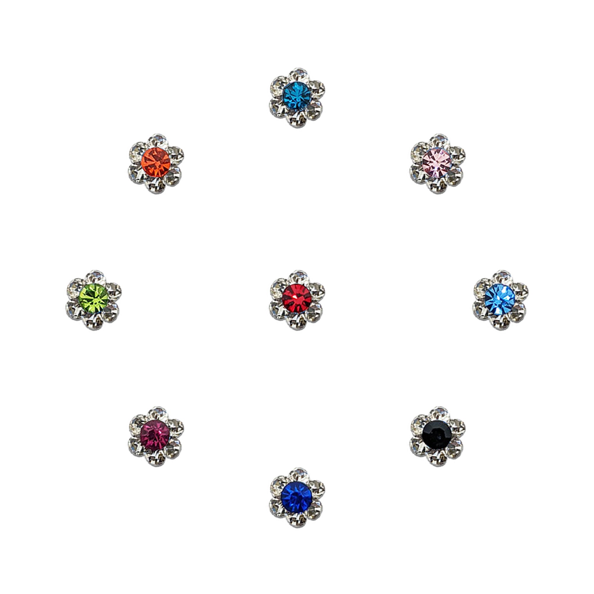 Comet Busters multicolor flower crystal bindi set with rhinestone petals, mini floral forehead bindis for women, colorful designer stone bindis for weddings, Navratri, Diwali, bridal makeup, dance performances, festivals, and ethnic fashion.