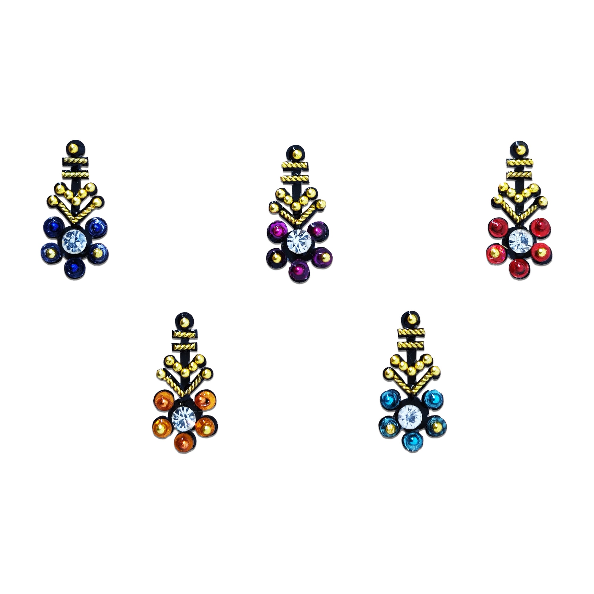 Comet Busters multicolor floral crystal designer bindi sheet featuring 5 reusable self-adhesive bindis in blue, purple, red, orange, and turquoise. Each bindi is crafted with sparkling crystal stones, gold bead accents, and floral-inspired detailing, making it perfect for weddings, festivals, Navratri, Diwali, pooja, parties, and traditional ethnic wear.