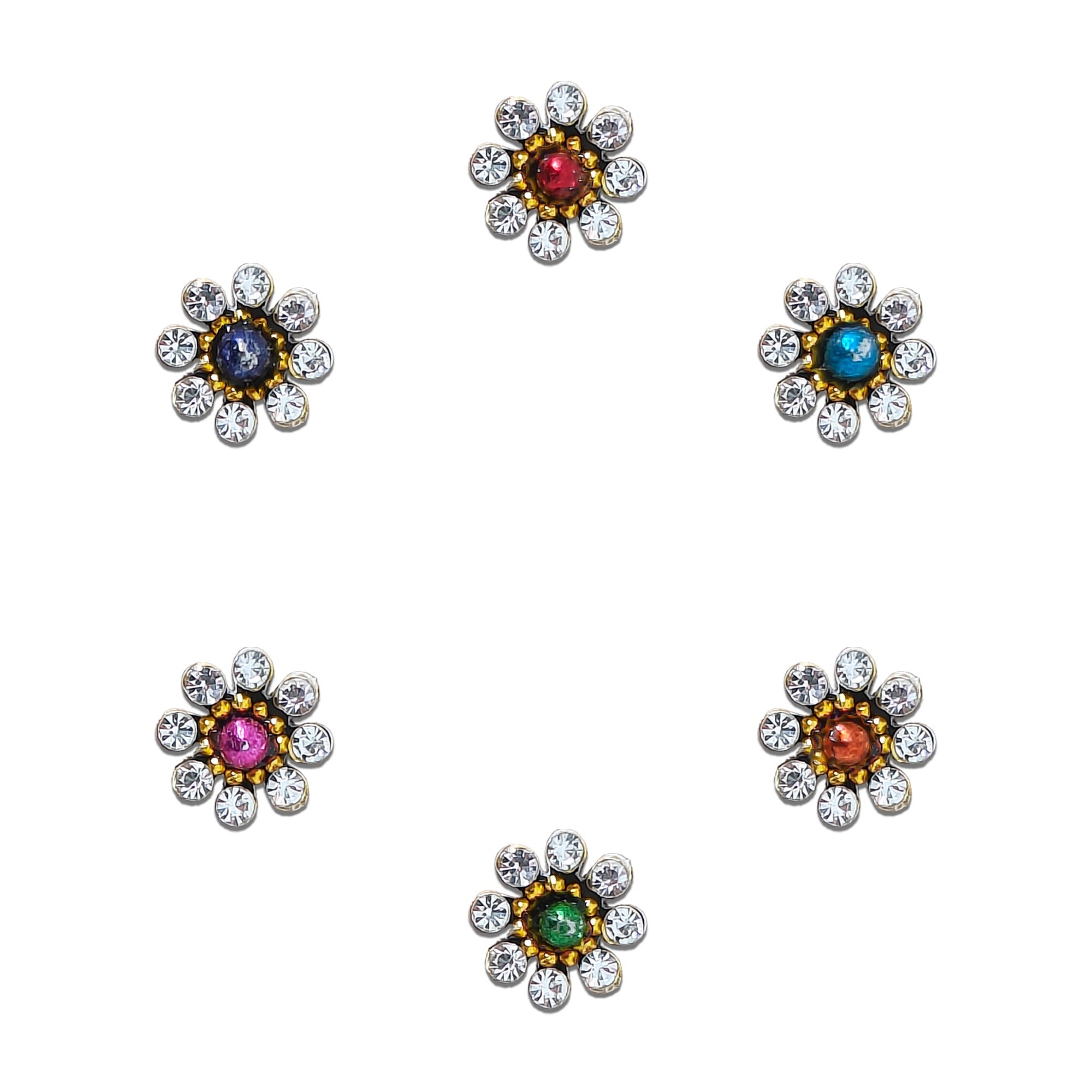 Comet Busters multicolor floral crystal round bindi sheet featuring 6 reusable self-adhesive bindis with sparkling clear rhinestone petals and vibrant center stones in red, blue, turquoise, pink, green, and orange. Elegant flower-inspired bindis ideal for weddings, festivals, Navratri, Diwali, parties, and traditional ethnic wear.