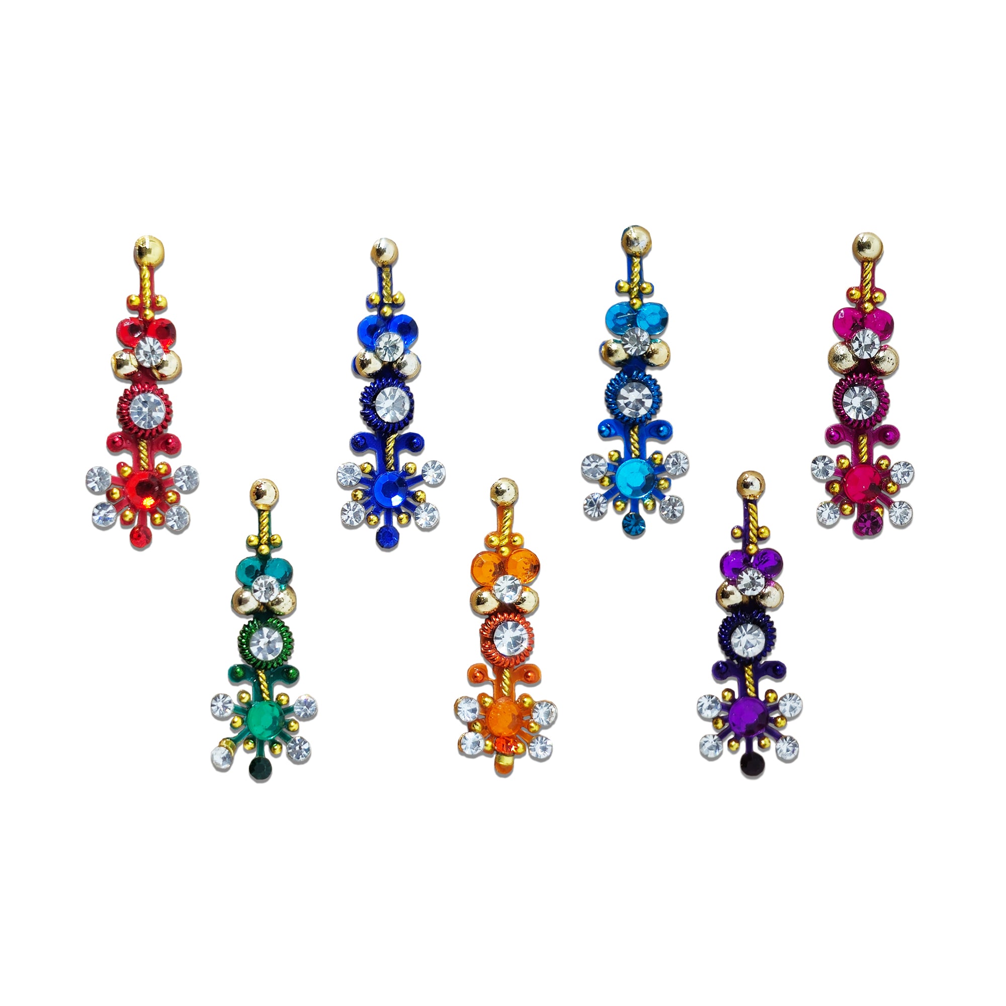 Comet Busters Multicolor Floral Crystal Drop Designer Bindi featuring an elegant vertical design with sparkling crystal rhinestones, floral stone clusters, gold-tone accents, and vibrant shades of red, royal blue, turquoise, green, orange, purple, and magenta. This self-adhesive designer bindi is perfect for women and girls for weddings, festivals, Navratri, Diwali, bridal wear, parties, cultural events, and traditional ethnic outfits.