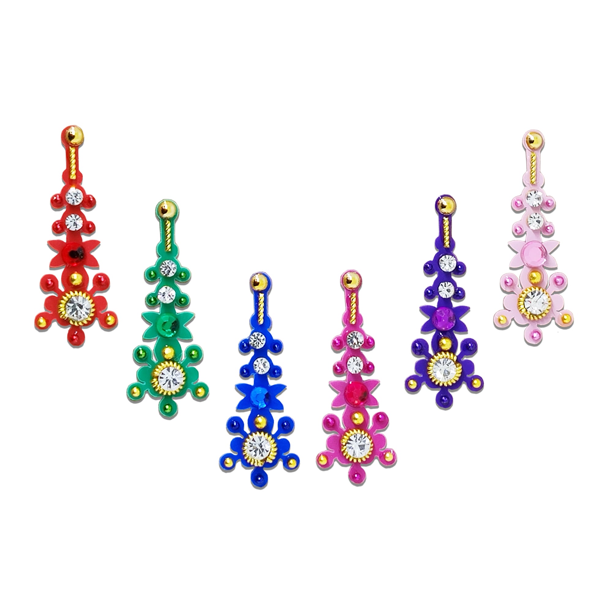 Comet Busters Multicolor Floral Crystal Long Designer Bindi featuring an elegant vertical floral design with sparkling crystal rhinestones, gold-tone accents, and vibrant shades of red, green, royal blue, pink, purple, and light pink. This self-adhesive designer bindi is perfect for women and girls for weddings, festivals, Navratri, Diwali, bridal wear, parties, cultural events, and traditional ethnic outfits.