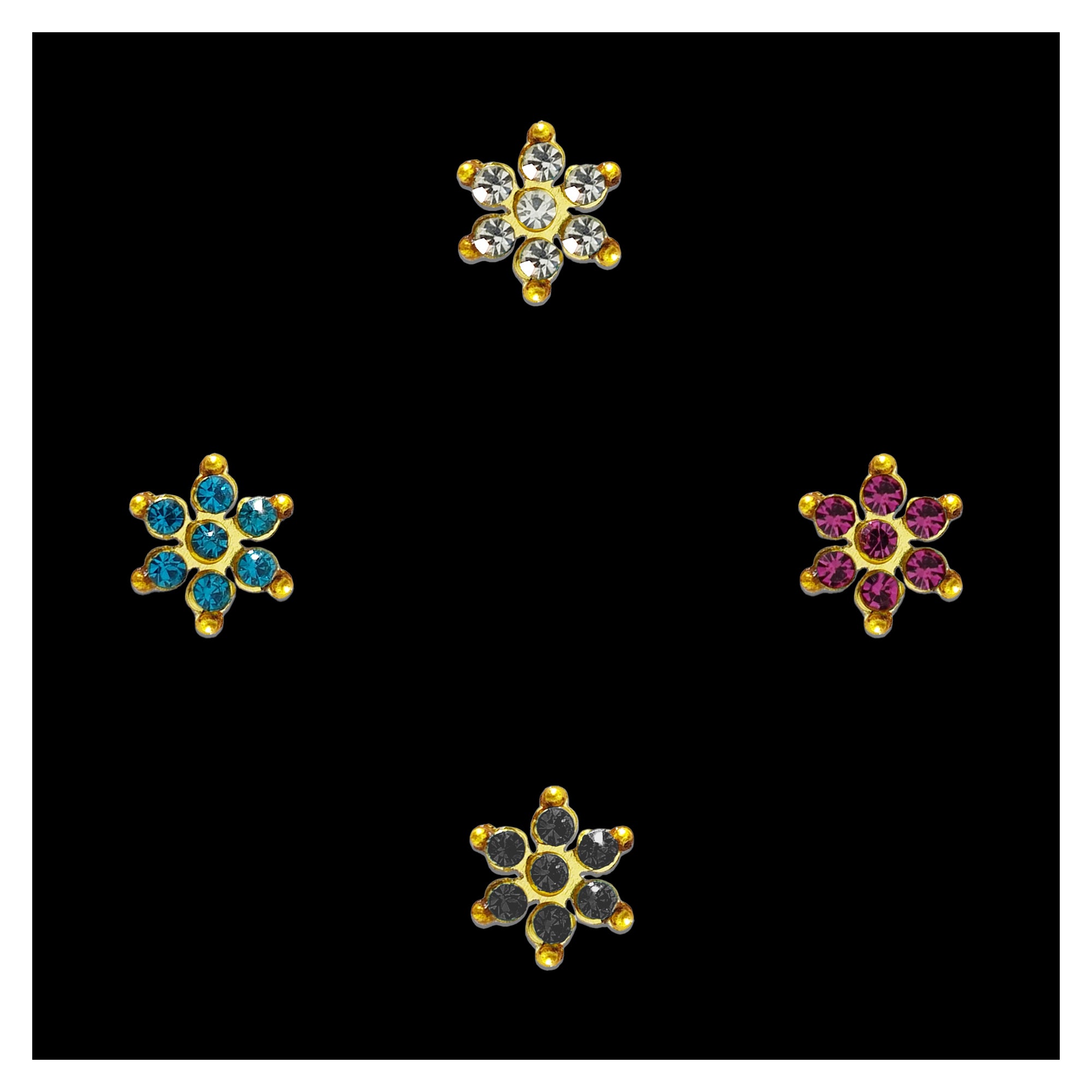Comet Busters floral stick-on nose stud featuring gold-tone detailing and sparkling crystals in clear, blue, pink and black color 