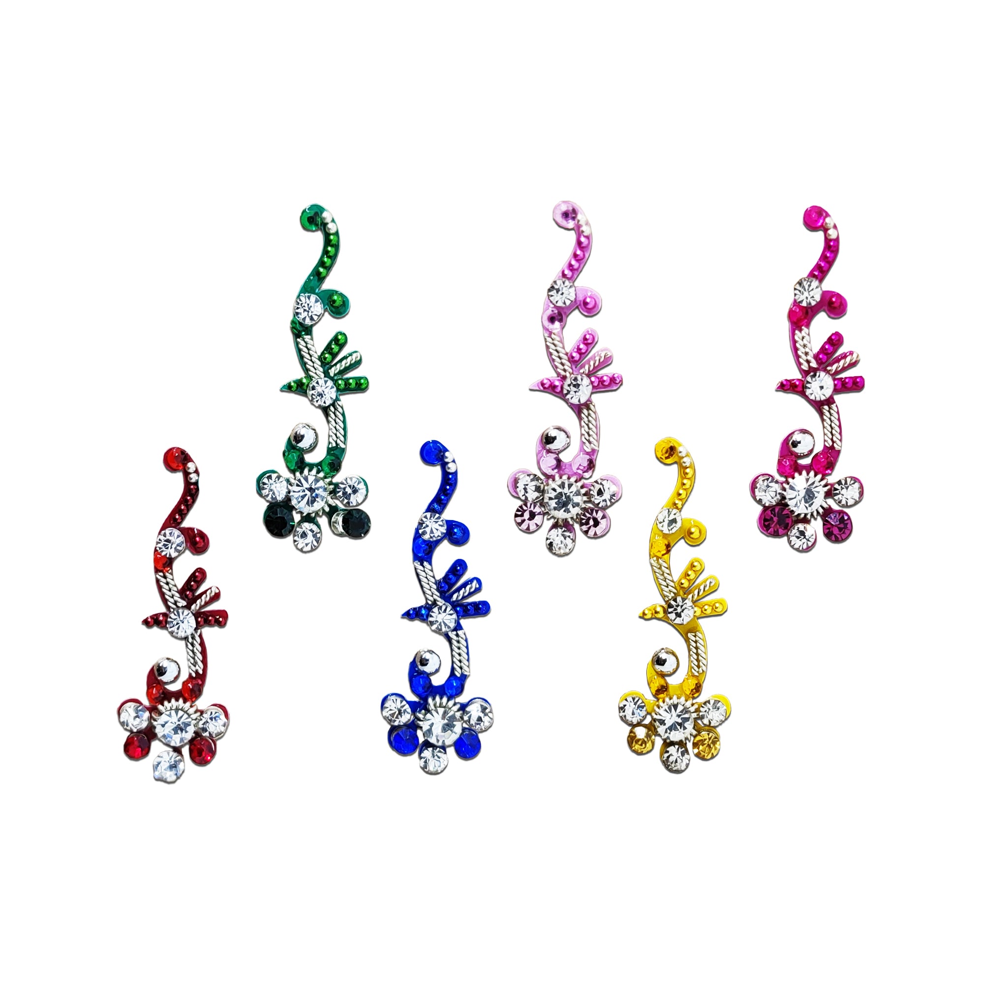 Comet Busters Multicolor Floral Crystal Vine Designer Bindi set featuring elegant vine-shaped bindis in green, red, blue, yellow, light pink, and dark pink with sparkling crystal flowers and silver detailing. Premium self-adhesive reusable bindis for women and girls, perfect for weddings, festivals, parties, classical dance, and traditional or fusion ethnic wear.