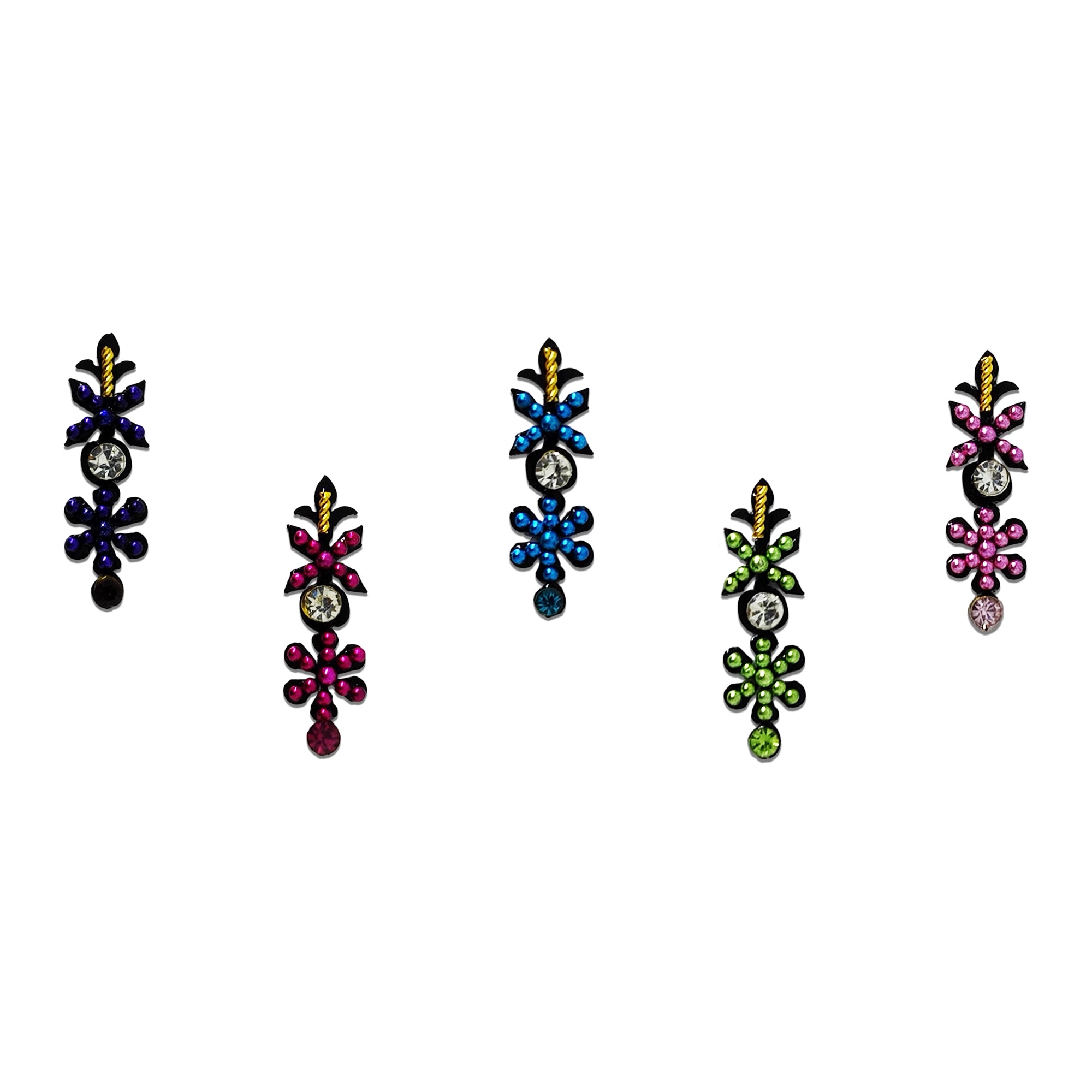Comet Busters multicolor floral designer bindi sheet featuring 5 elegant black bindis with sparkling crystal center stones, colorful rhinestone petals, and gold bead detailing, reusable forehead bindis for women and girls, ideal for weddings, festivals, parties, and traditional ethnic wear.