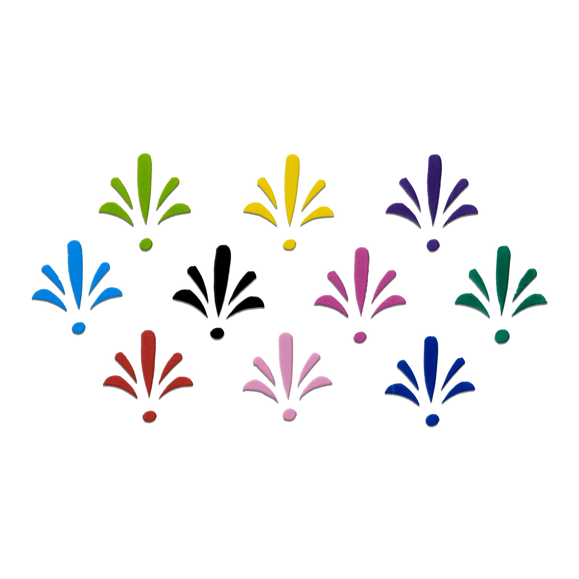 Comet Busters multicolor floral fan bindi set, designer forehead sticker arrangement with petal-shaped and round bindis for women, perfect for weddings, Navratri, Bharatanatyam, Kuchipudi, festivals, cultural events, temple visits, and ethnic Indian attire.