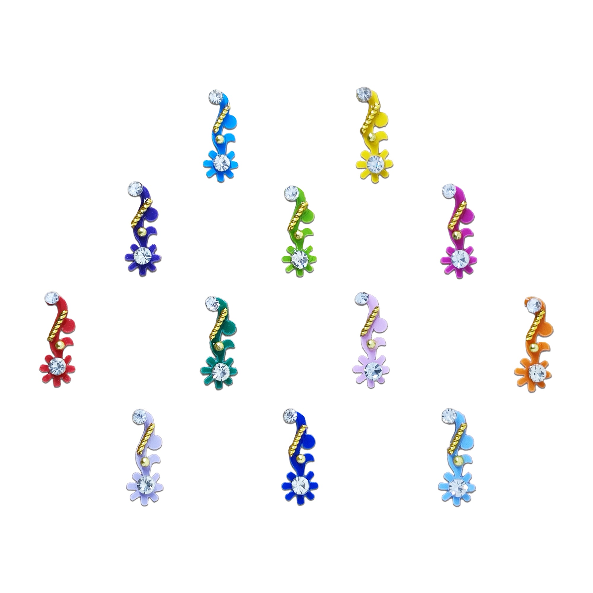 Set of multicolor designer bindis featuring paisley-inspired floral motifs with crystal stones, gold accents, and vibrant colors for festive and ethnic wear.