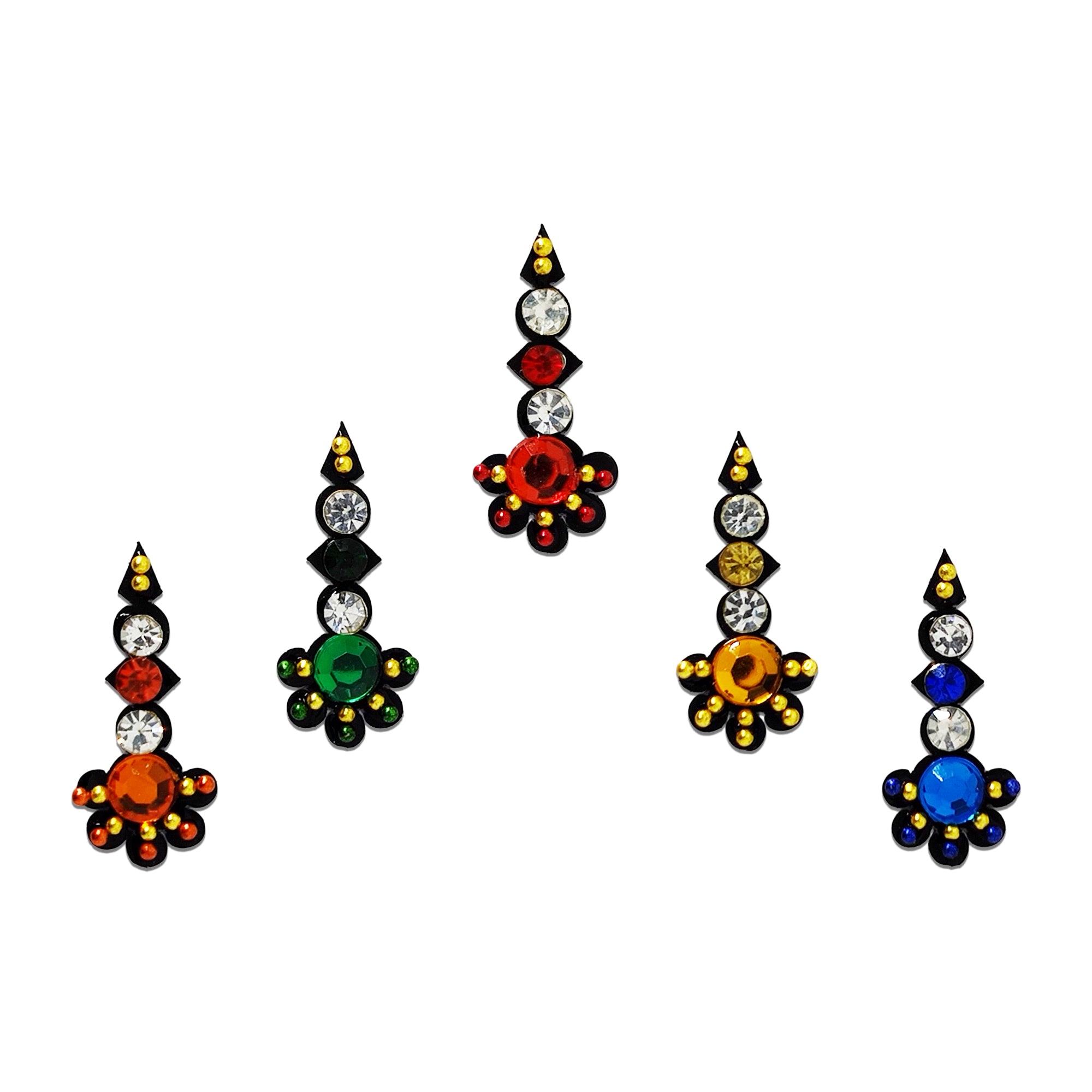 Comet Busters multicolor floral designer bindi set featuring 5 reusable self-adhesive bindis with vibrant crystal stones, black enamel detailing, and elegant flower-inspired motifs. Perfect for weddings, festivals, Navratri, Diwali, parties, and traditional ethnic wear for women and girls.