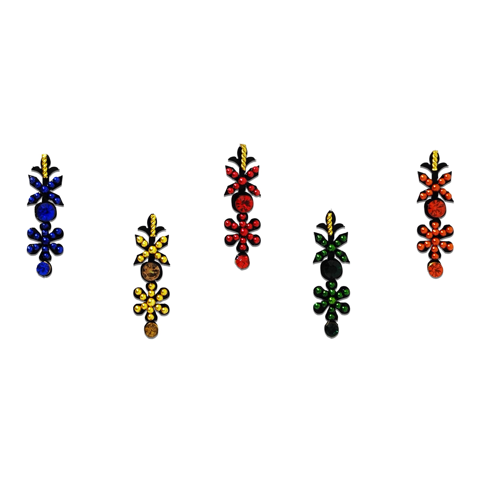 Comet Busters multicolor floral stone designer bindi sheet featuring 5 reusable self-adhesive bindis in blue, gold, red, green, and orange. Each bindi showcases sparkling crystal stones, floral motifs, and elegant gold detailing, making it ideal for weddings, festivals, Navratri, Diwali, pooja, parties, and traditional ethnic wear.