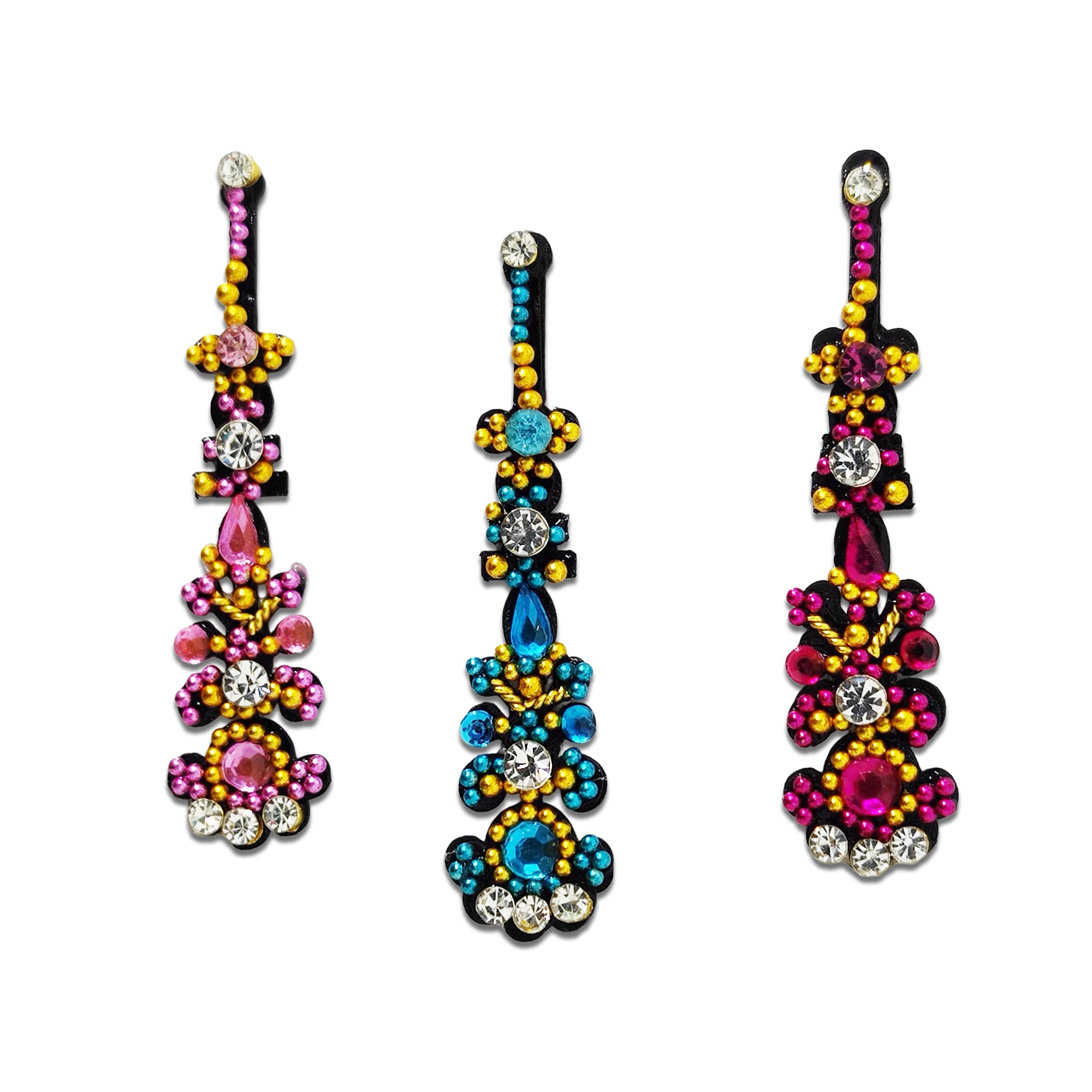 Comet Busters multicolor floral stone designer long bindis featuring pink, blue, and magenta crystal embellishments with intricate gold bead detailing on a black base. Self-adhesive forehead bindis perfect for weddings, festivals, bridal wear, classical dance, parties, and traditional ethnic outfits.