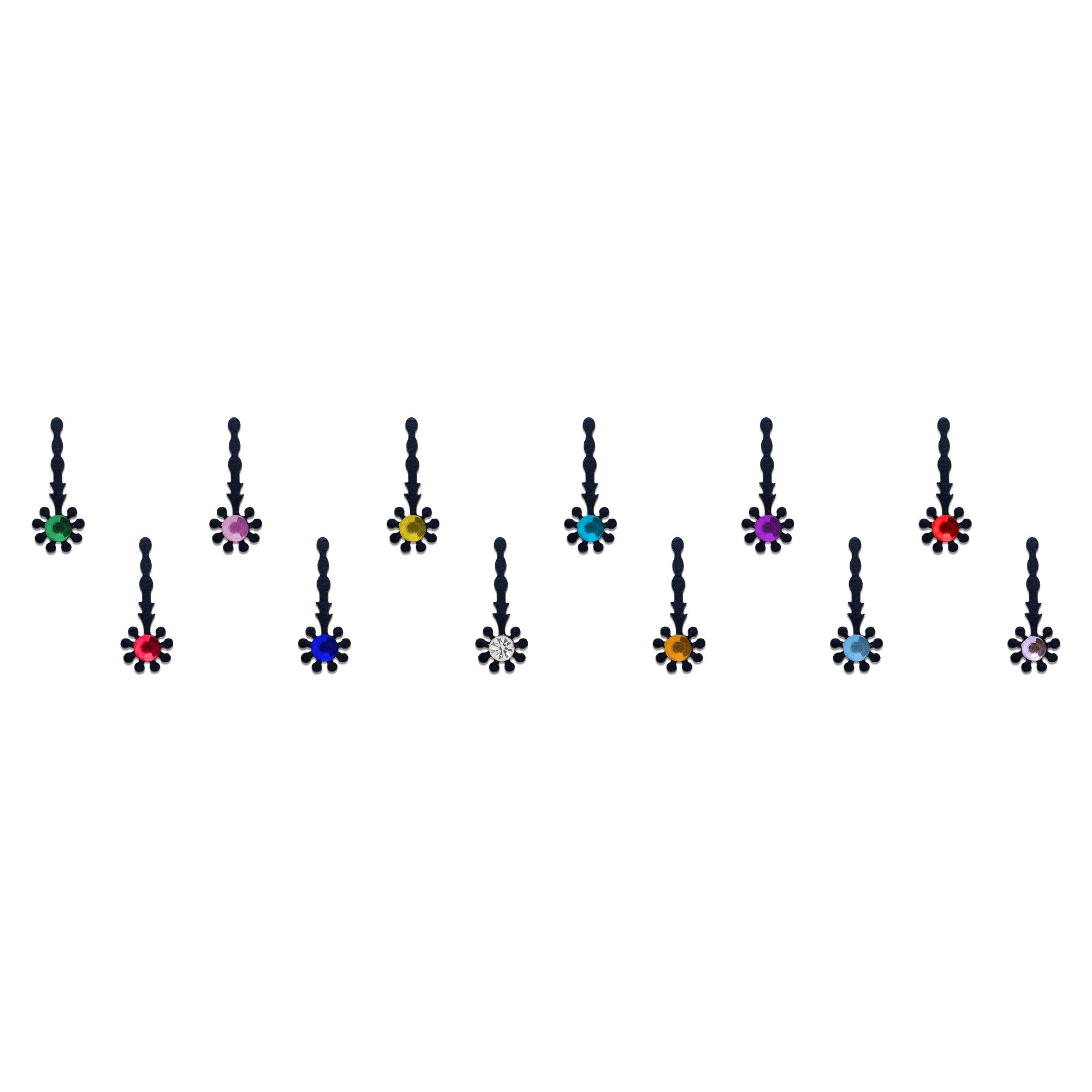 Comet Busters Multicolor Floral Stone Drop Designer Bindi featuring a delicate vertical black ornamental stem with a sparkling round center stone surrounded by floral petal accents. Available in green, pink, yellow, turquoise, purple, red, magenta, royal blue, crystal white, amber, sky blue, and lavender colors. Self-adhesive ethnic bindis for women and girls