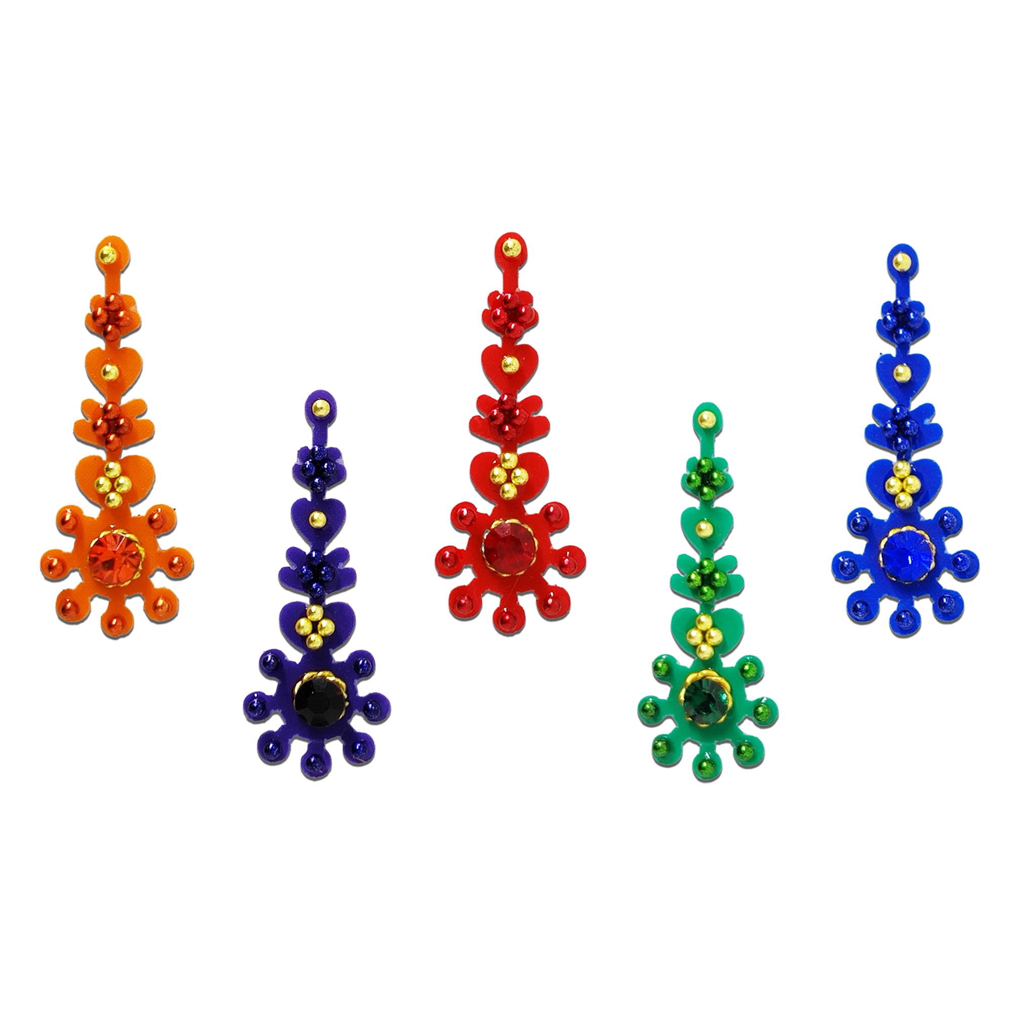 Comet Busters Multicolor Floral Stone Long Designer Bindis for Women and Girls, Assorted Orange Red Purple Green and Blue Fancy Crystal Bindis, Traditional Ethnic Forehead Stickers