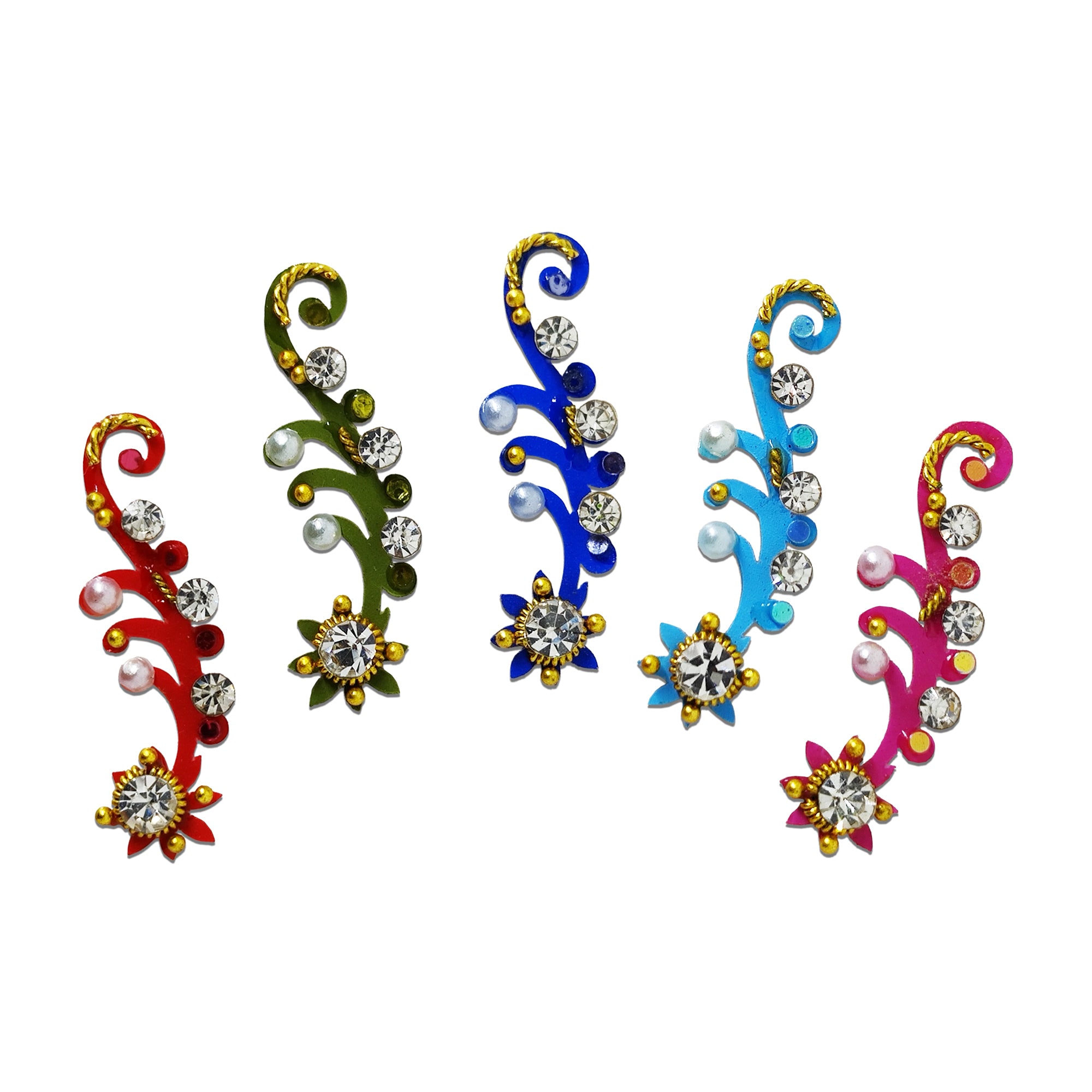 Comet Busters floral vine designer bindi featuring an elegant curved vine design with sparkling crystal stones, pearl accents, gold detailing, and a floral crystal base. Self-adhesive premium fashion bindi for women and girls, perfect for weddings, bridal makeup, Navratri, Diwali, Karwa Chauth, festive celebrations, traditional ceremonies, classical dance performances, parties, and ethnic wear.