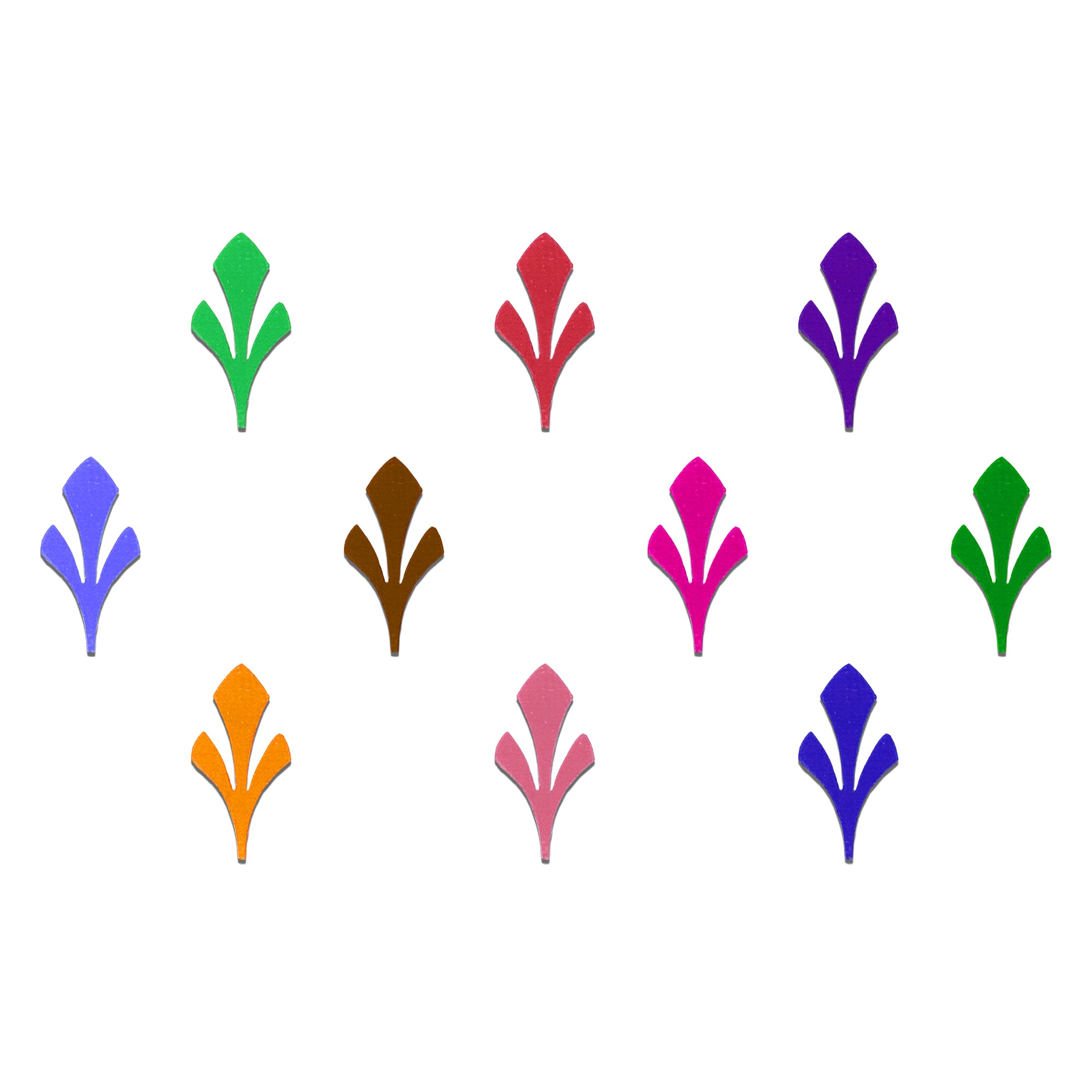 Comet Busters Multicolor Fleur-de-Lis Velvet Bindi featuring a minimalist velvet finish with an elegant fleur-de-lis inspired motif in vibrant shades of green, red, purple, lavender, brown, magenta, orange, pink, blue, and royal blue. Soft, self-adhesive, lightweight bindi for women and girls, ideal for daily wear, festive occasions, traditional attire, and ethnic fashion.