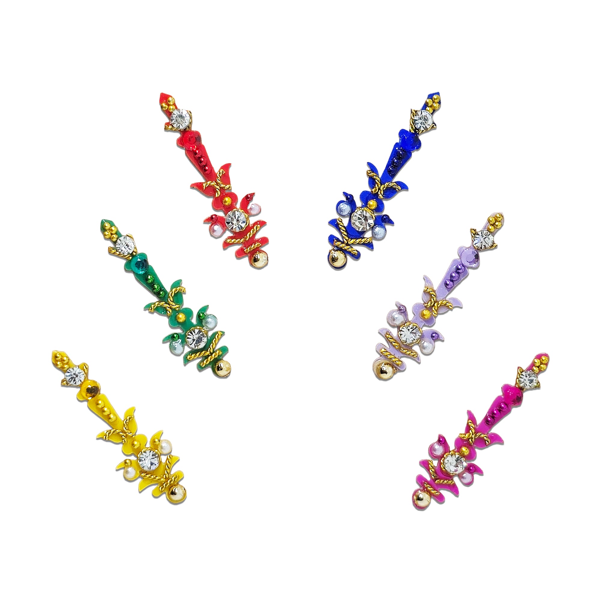 Comet Busters Multicolor Floral Vine Designer Bindi featuring an elegant long-drop vine-inspired design with sparkling crystal stones, pearl accents, gold-tone detailing, and vibrant shades of red, blue, green, yellow, lavender, and pink. Perfect for women and girls for weddings, festivals, Navratri, Diwali, parties, and traditional ethnic wear.