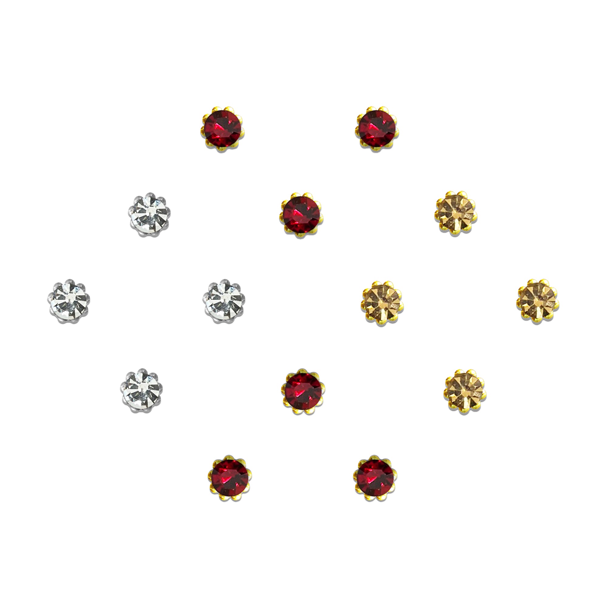 Comet Busters multicolor round crystal bindis featuring sparkling stones in white, blue, green, black, pink, and lavender shades with silver floral edge detailing for festive and ethnic wear.