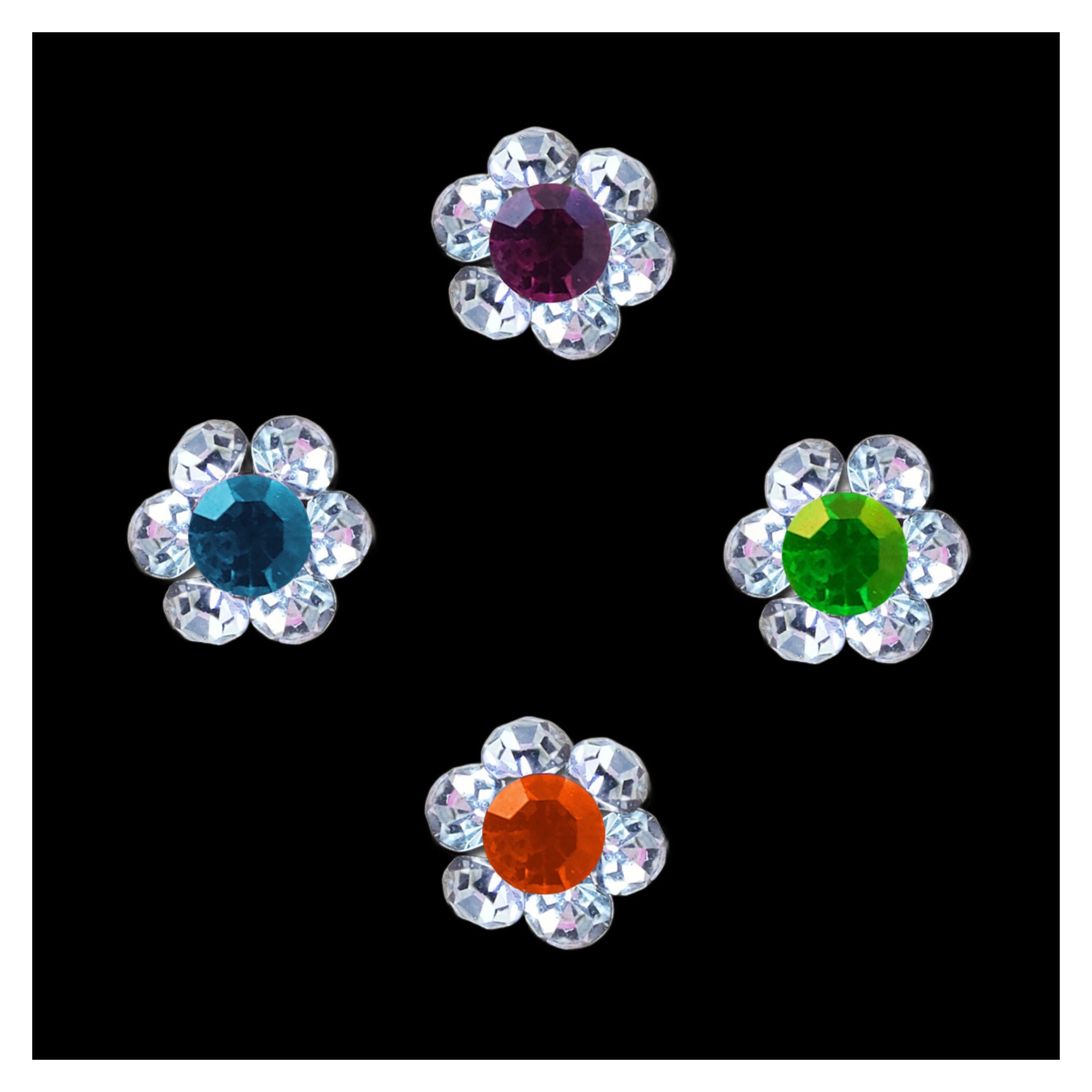 Comet Busters Multicolor flower-shaped nose stud with a faceted purple center stone surrounded by sparkling clear crystal petals for women and girls