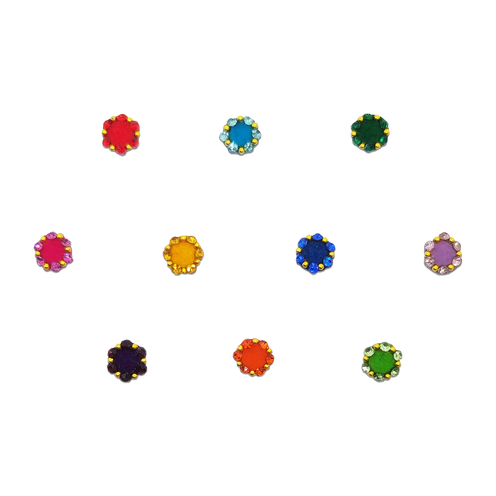 Comet Busters multicolor round bindis featuring sparkling crystal stones surrounded by gold bead floral detailing in shades of red, green, blue, pink, purple, orange, yellow, and white for festive and ethnic wear.