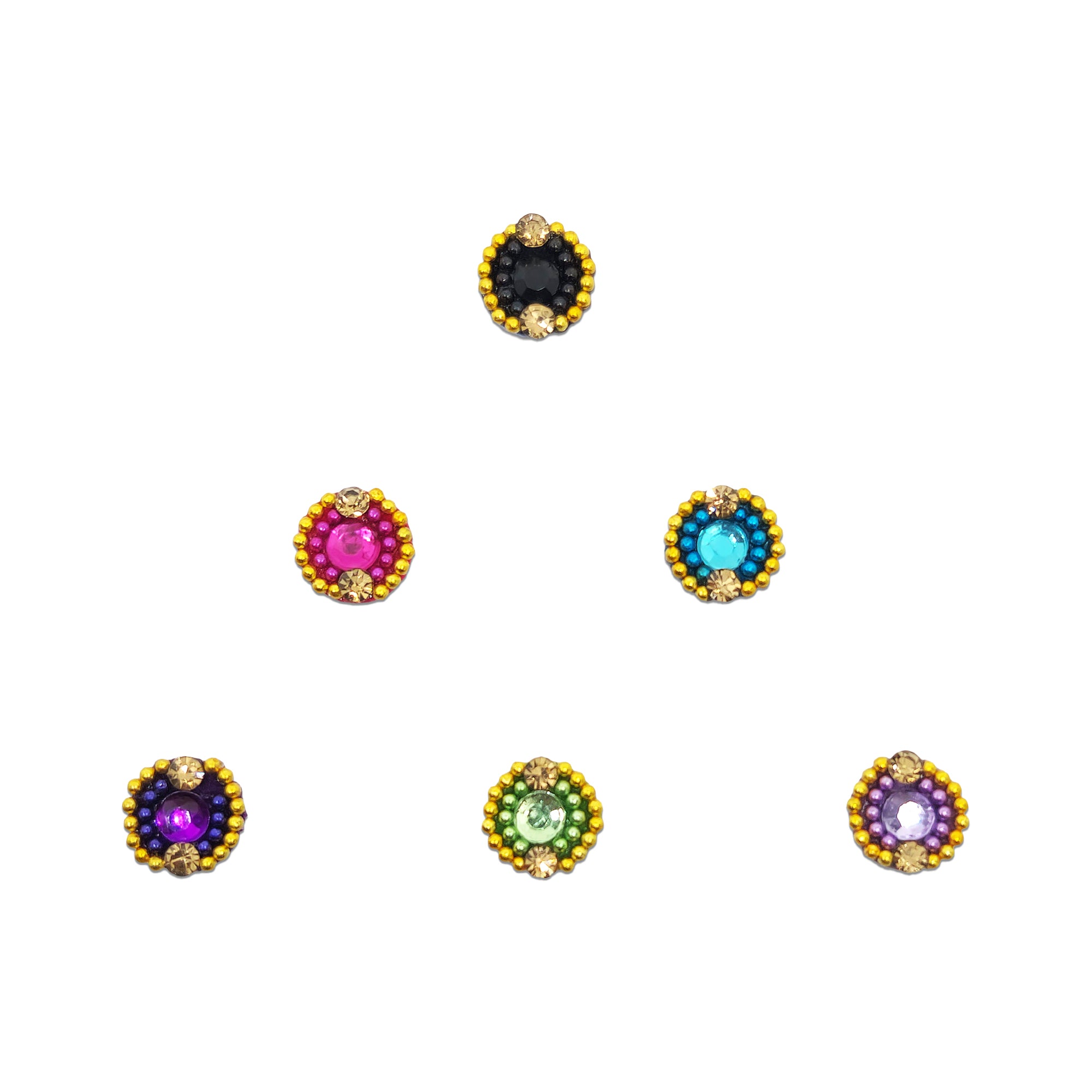Comet Busters multicolor round bindis featuring sparkling crystal stones surrounded by gold bead floral detailing in shades of red, green, blue, pink, purple, orange, yellow, and white for festive and ethnic wear.