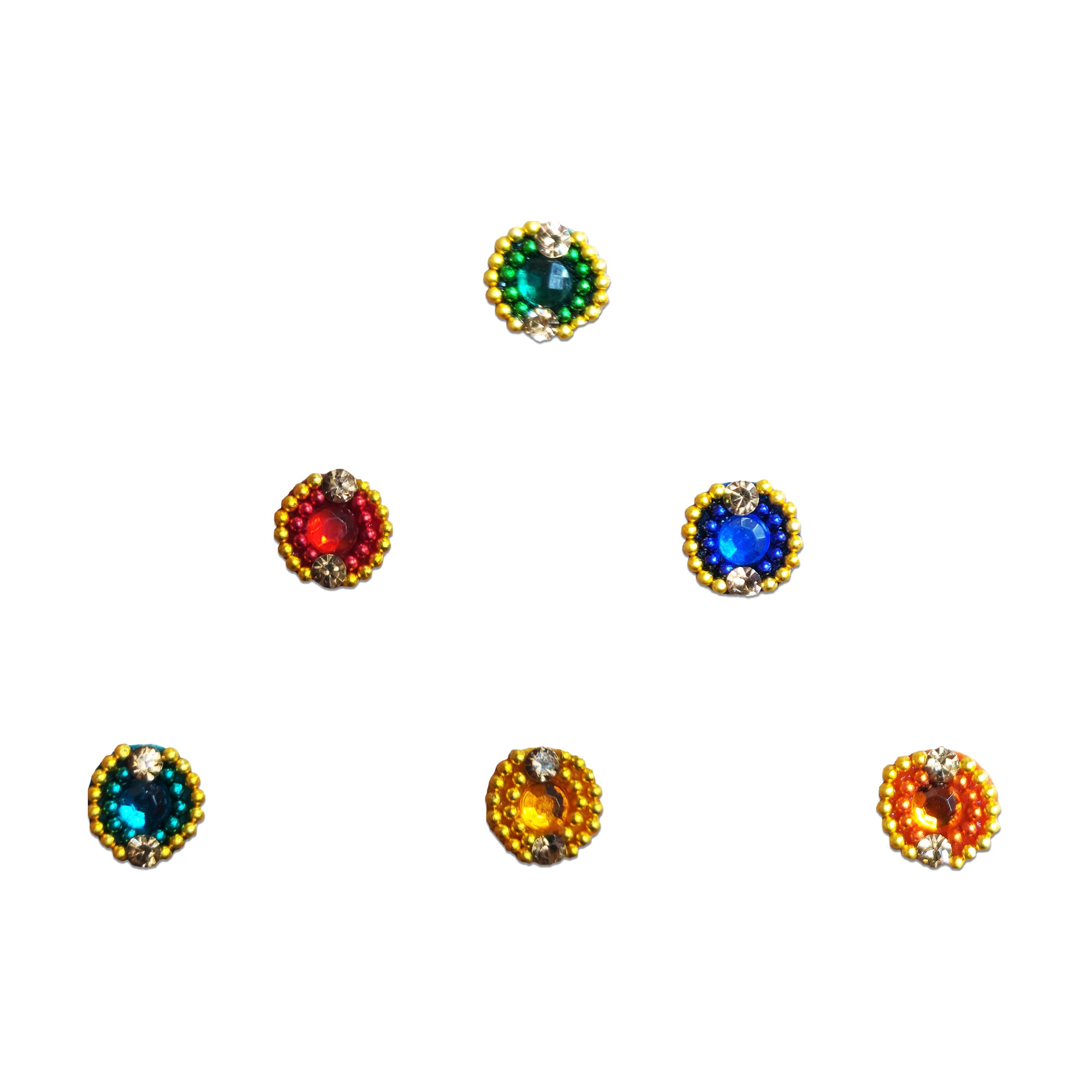 Comet Busters multicolor round bindis featuring sparkling crystal stones surrounded by gold bead floral detailing in shades of red, green, blue, pink, purple, orange, yellow, and white for festive and ethnic wear.