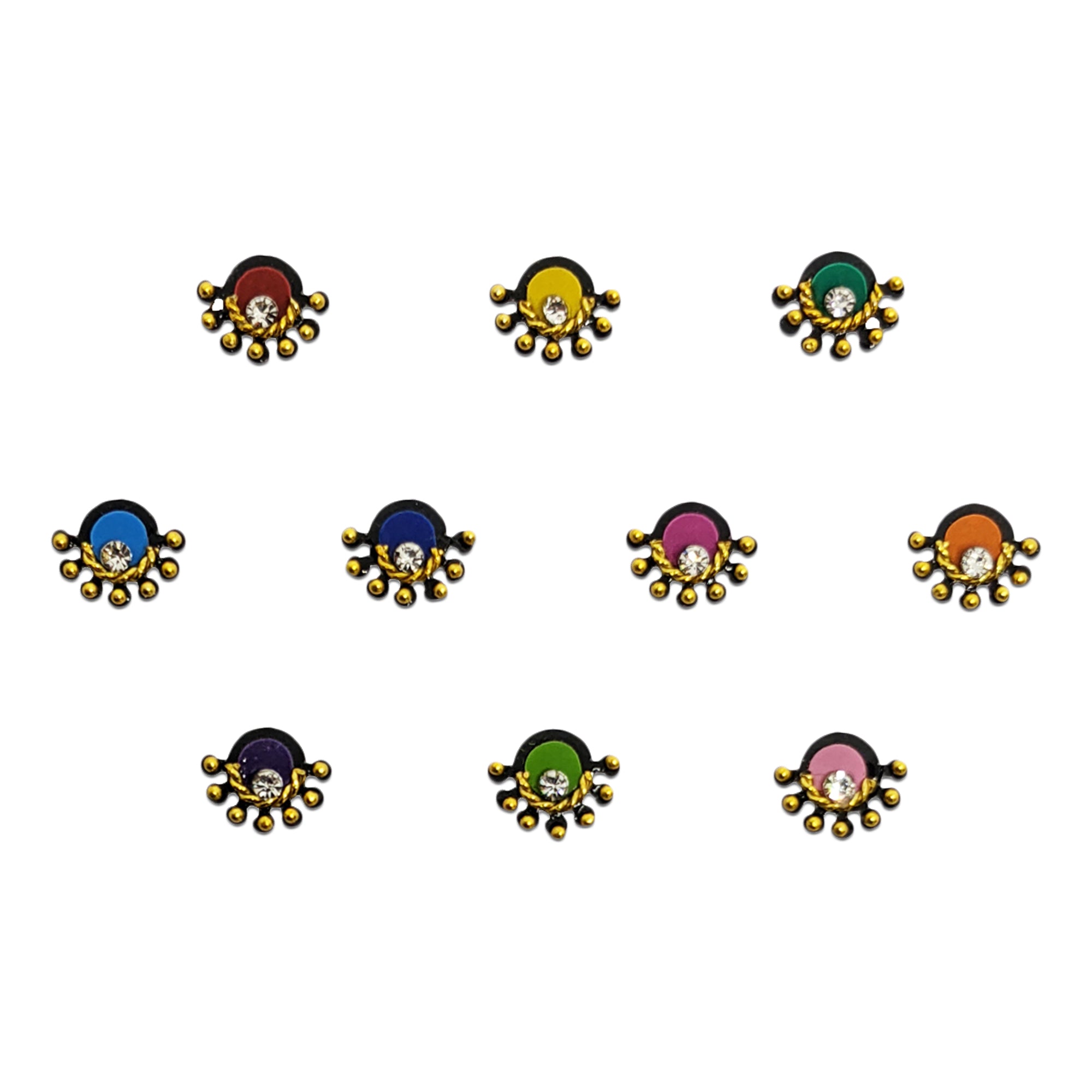Comet Busters premium multicolor designer bindis with crystal stone and gold bead detailing, elegant peel and stick fancy bindis for saree, lehenga, bridal, festive and traditional ethnic fashion looks.