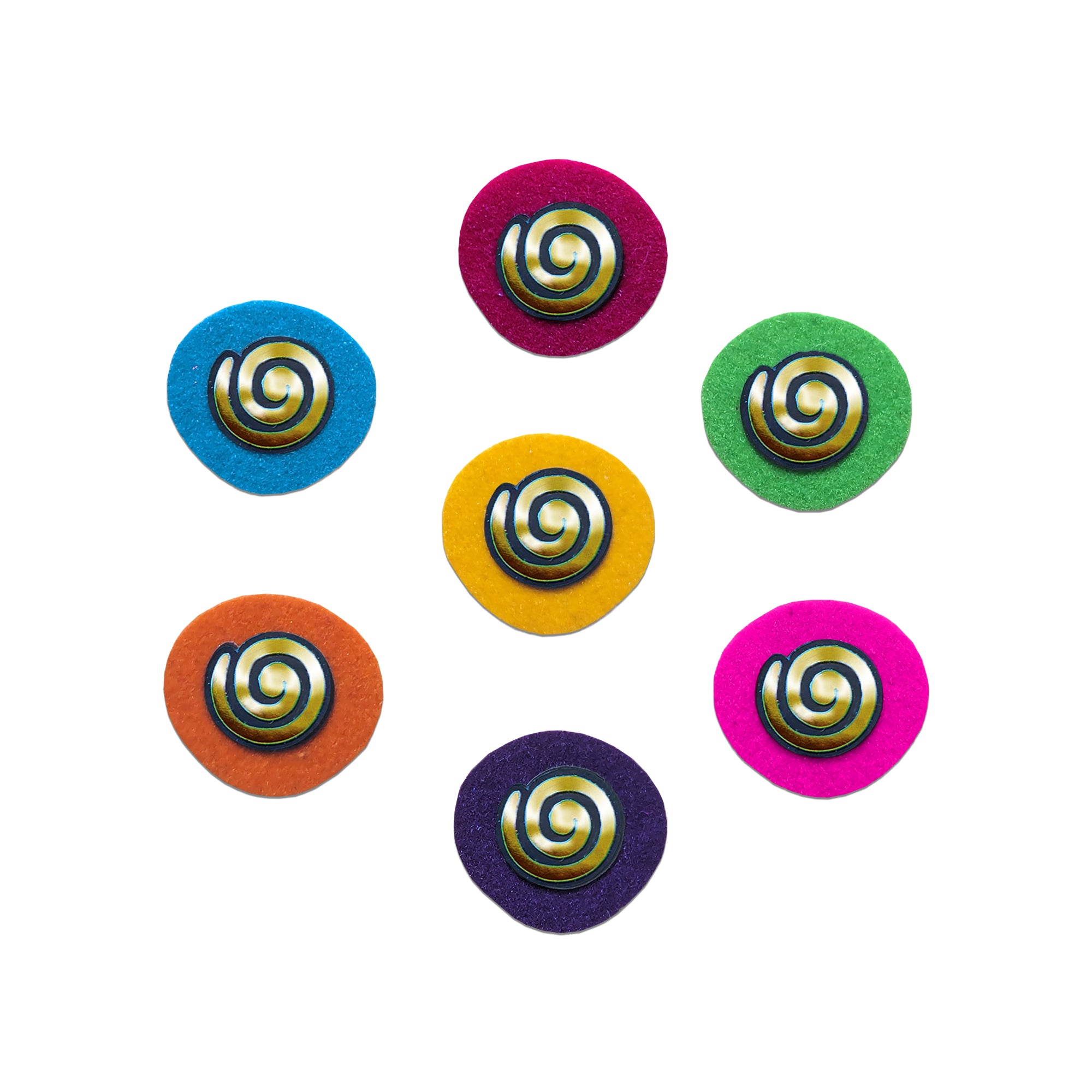 Comet Busters golden spiral designer bindis featuring glossy swirl artwork in metallic gold and black finish on round black base, ideal for festive and ethnic wear.