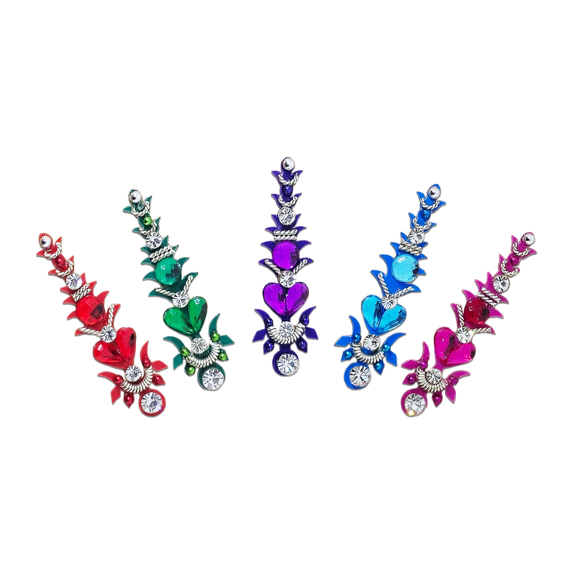Comet Busters Multicolor Heart Leaf Designer Bindi featuring an elegant vertical design with heart-shaped stones, leaf-inspired motifs, sparkling crystal rhinestones, silver-tone detailing, and vibrant shades of red, green, purple, blue, and pink. Perfect for women and girls for weddings, festivals, Navratri, Diwali, parties, cultural events, and traditional ethnic wear.
