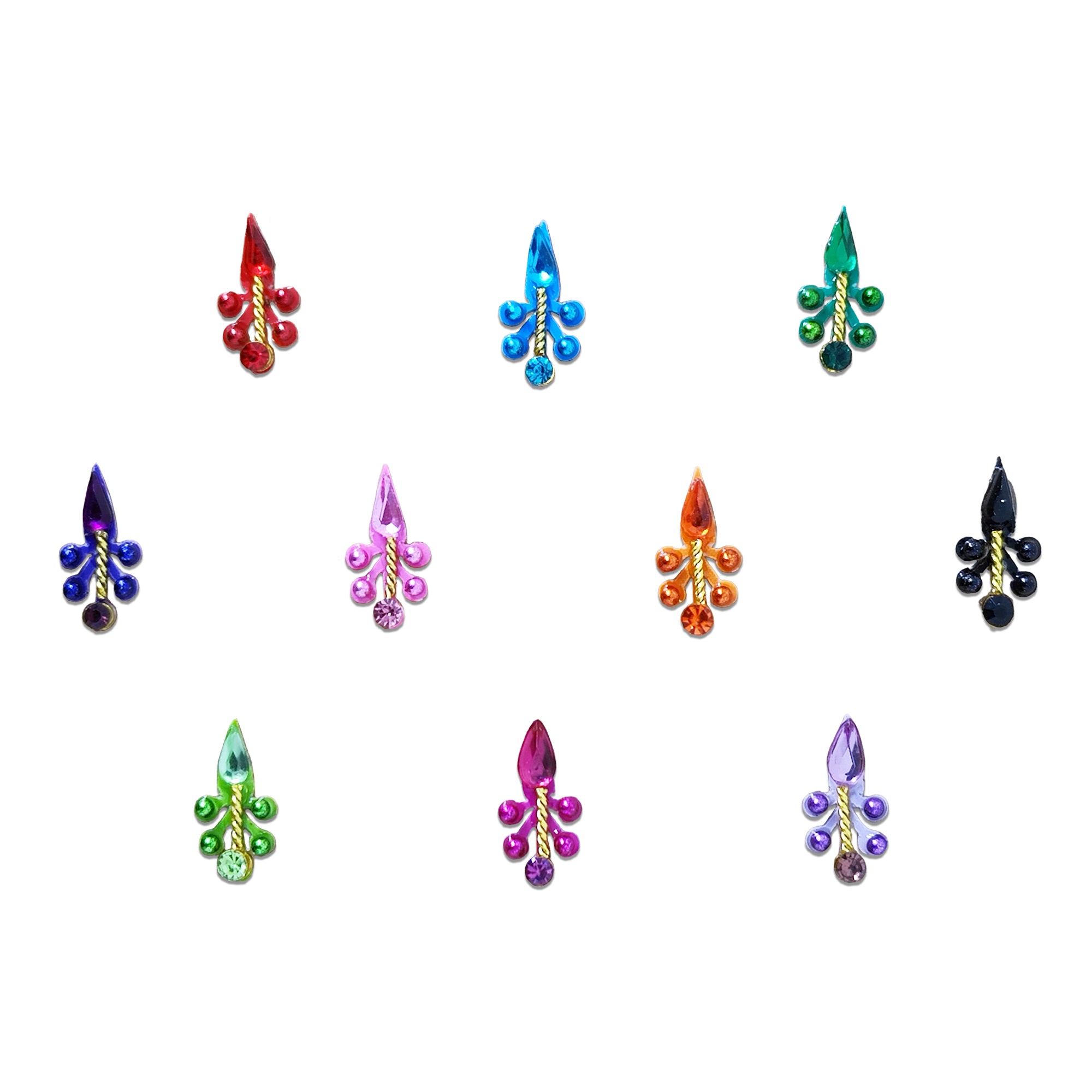 Comet Busters Multicolor Leaf Designer Bindi featuring vibrant red, blue, green, purple, pink, orange, black, lavender, and lime green leaf-shaped bindis with elegant gold stem detailing and crystal accents. Self-adhesive designer bindis for women and girls, perfect for Navratri, Diwali, Karwa Chauth, Durga Puja, weddings, festive celebrations, classical dance performances, temple visits, and traditional or Indo-western outfits.