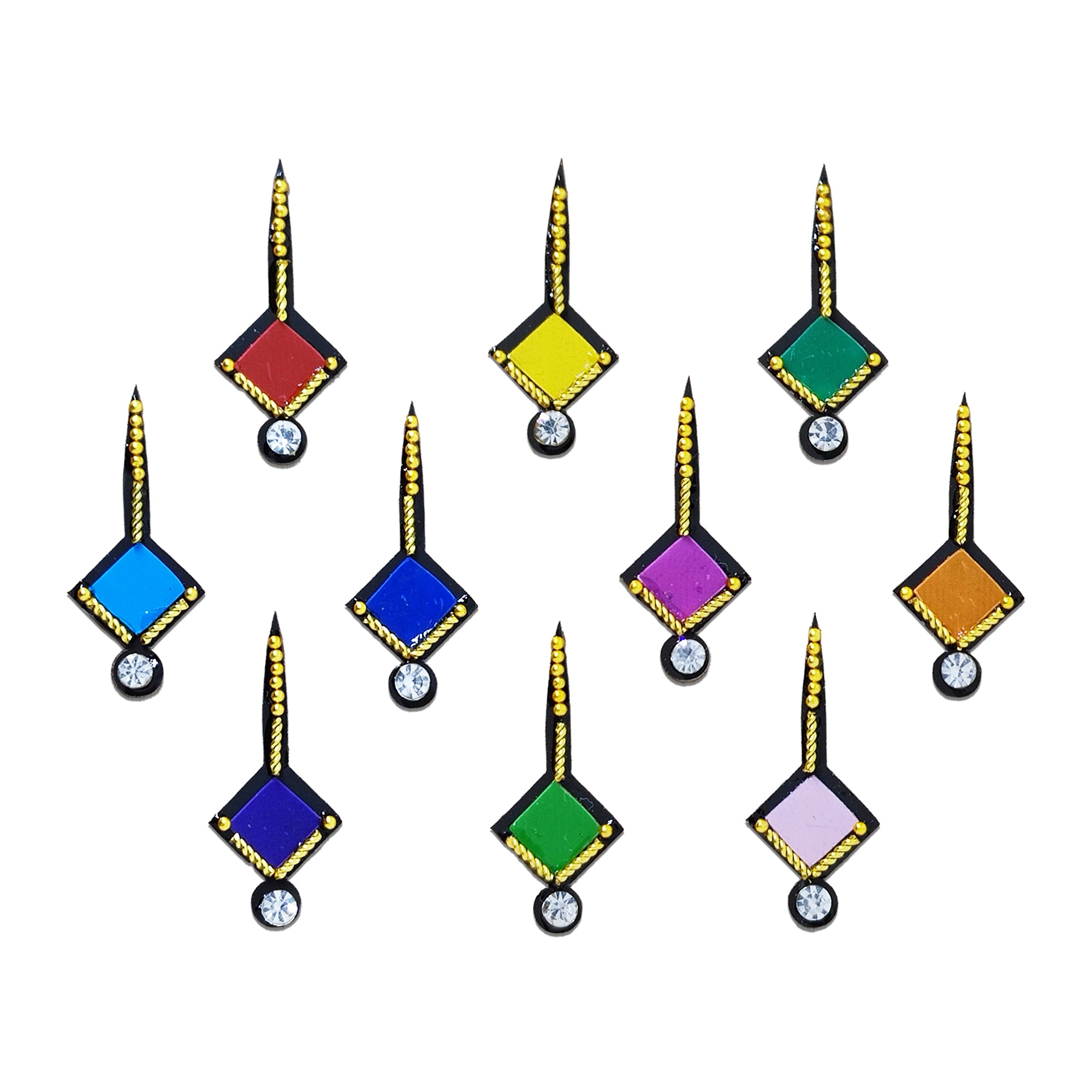 Comet Busters Multicolor Long Diamond Shape Bindis with Gold Bead Detailing and Crystal Stone Drop, Traditional Designer Bindi Set for Women & Girls, Elegant Ethnic Forehead Stickers for Festivals and Special Occasions