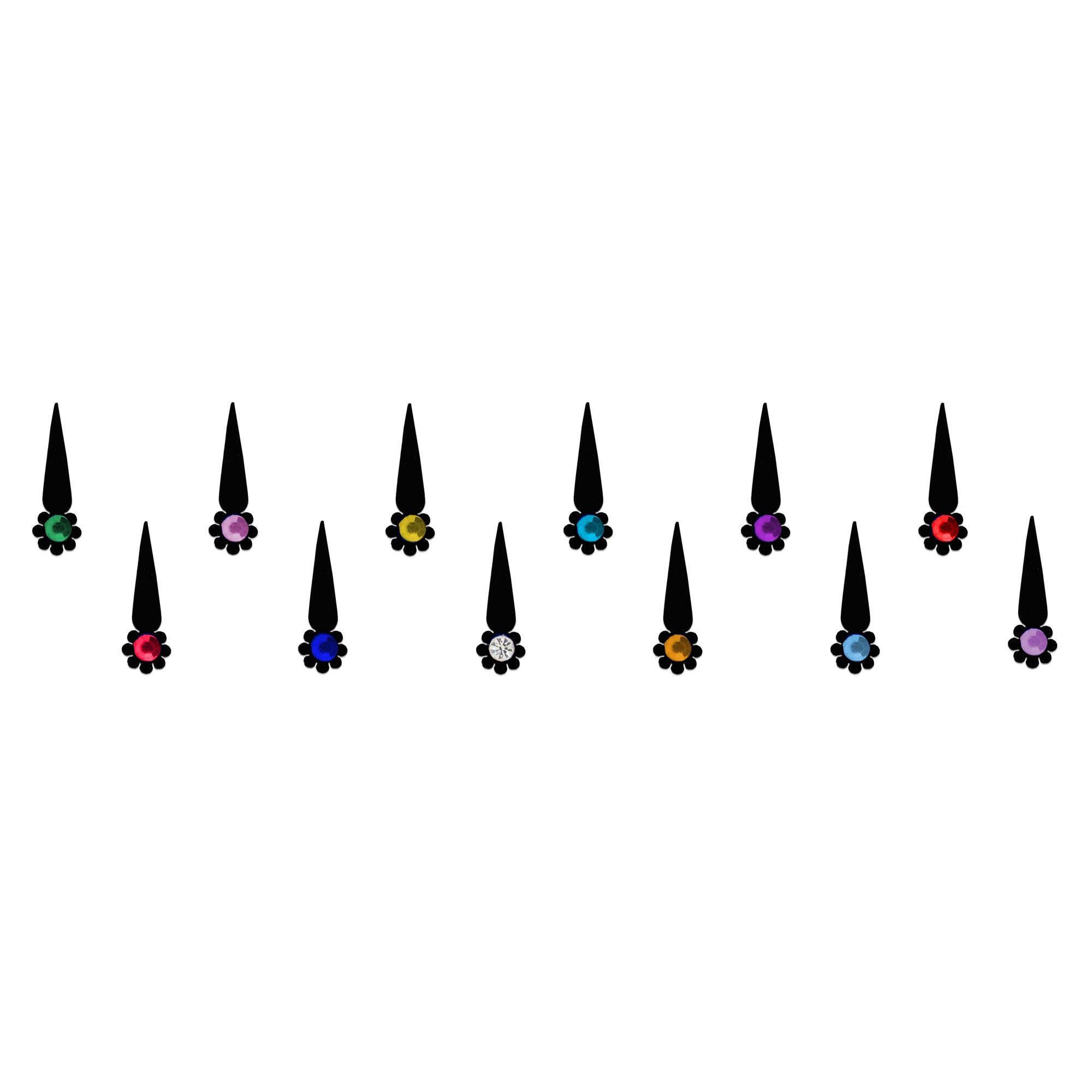 Comet Busters Multicolor Long Drop Floral Stone Designer Bindi featuring a sleek black elongated teardrop design paired with a sparkling floral stone base. Available in green, pink, yellow, turquoise, purple, red, magenta, royal blue, crystal white, amber, sky blue, and lavender center stones. Self-adhesive designer bindis for women and girls, ideal for traditional wear, festive celebrations, Navratri, Diwali, Durga Puja, Karwa Chauth, Mehendi, Haldi, weddings, Sangeet, temple visits, cultural events, and p
