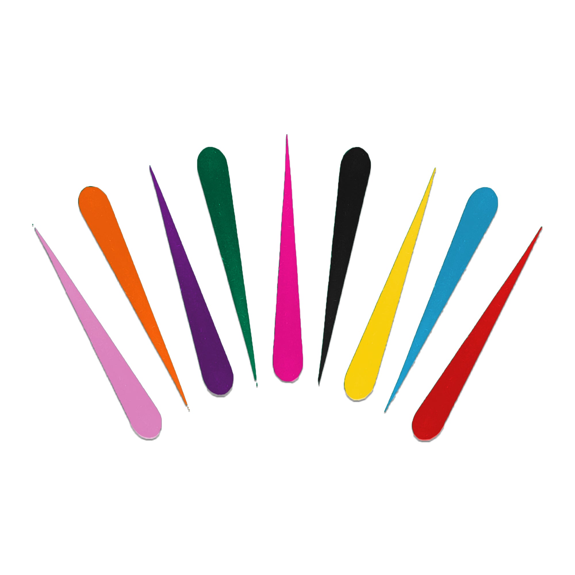 Comet Busters multicolor long drop tilak bindis featuring vibrant elongated shapes in pink, orange, purple, green, magenta, black, yellow, blue, and red for festive, ethnic, and creative forehead styling.
