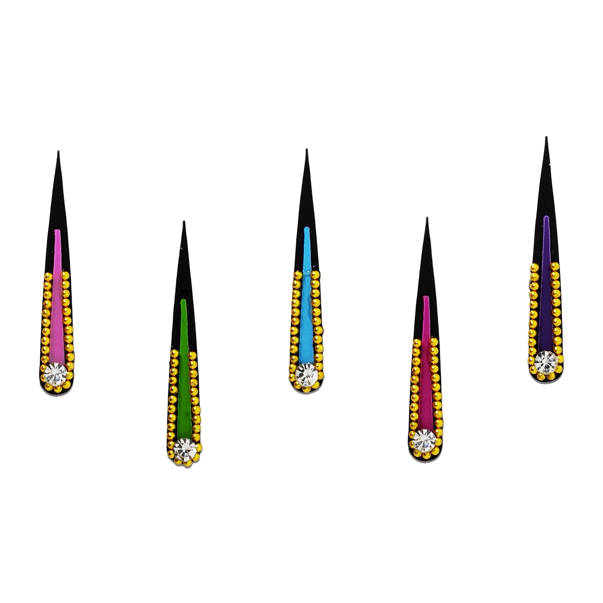 Multicolor Long Leaf Designer Bindi by Comet Busters featuring elongated black leaf-shaped bindis accented with vibrant pink, green, blue, purple, and magenta centers, golden bead borders, and sparkling crystal stones. Reusable self-adhesive designer bindis for women and girls, ideal for festive occasions, weddings, ethnic wear, traditional outfits, and fusion fashion styling.