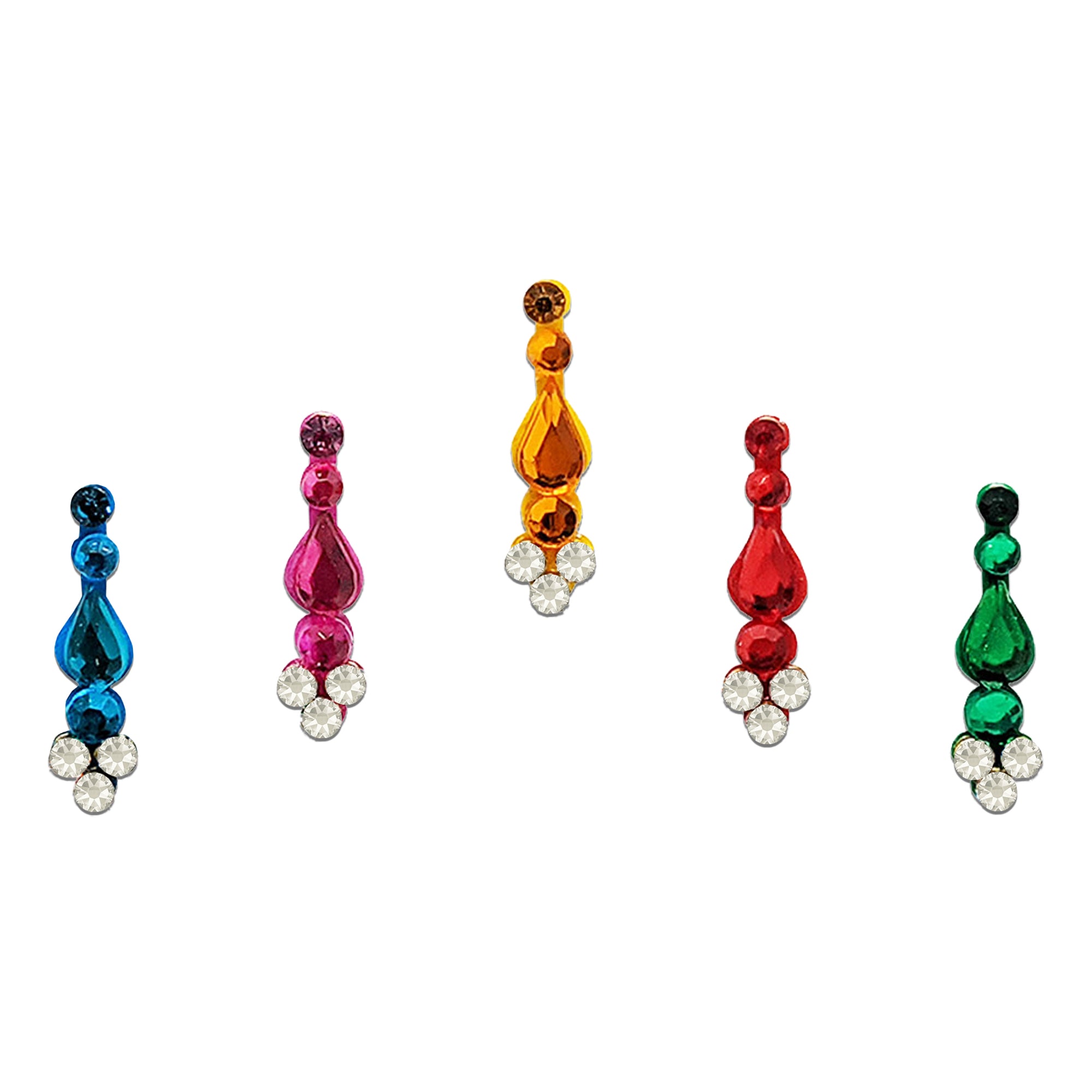 Comet Busters multicolor long stone bindi set with crystal accents, vertical designer forehead bindis for women, colorful ethnic bindi stickers for weddings, Navratri, Diwali, bridal makeup, dance performances, festivals, and traditional outfits.
