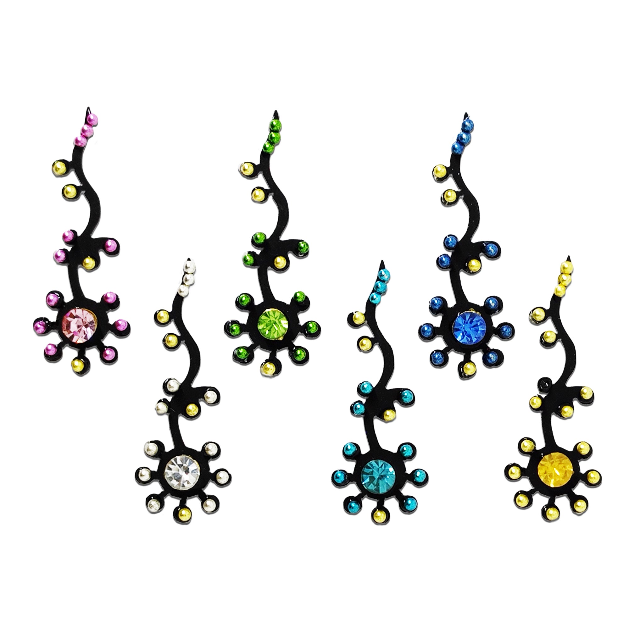 Comet Busters Multicolor Curved Vine Stone Designer Bindis for Women and Girls, Black Curved Fancy Bindis with Pink Green Blue White Yellow Crystal Stones, Traditional Ethnic Forehead Stickers